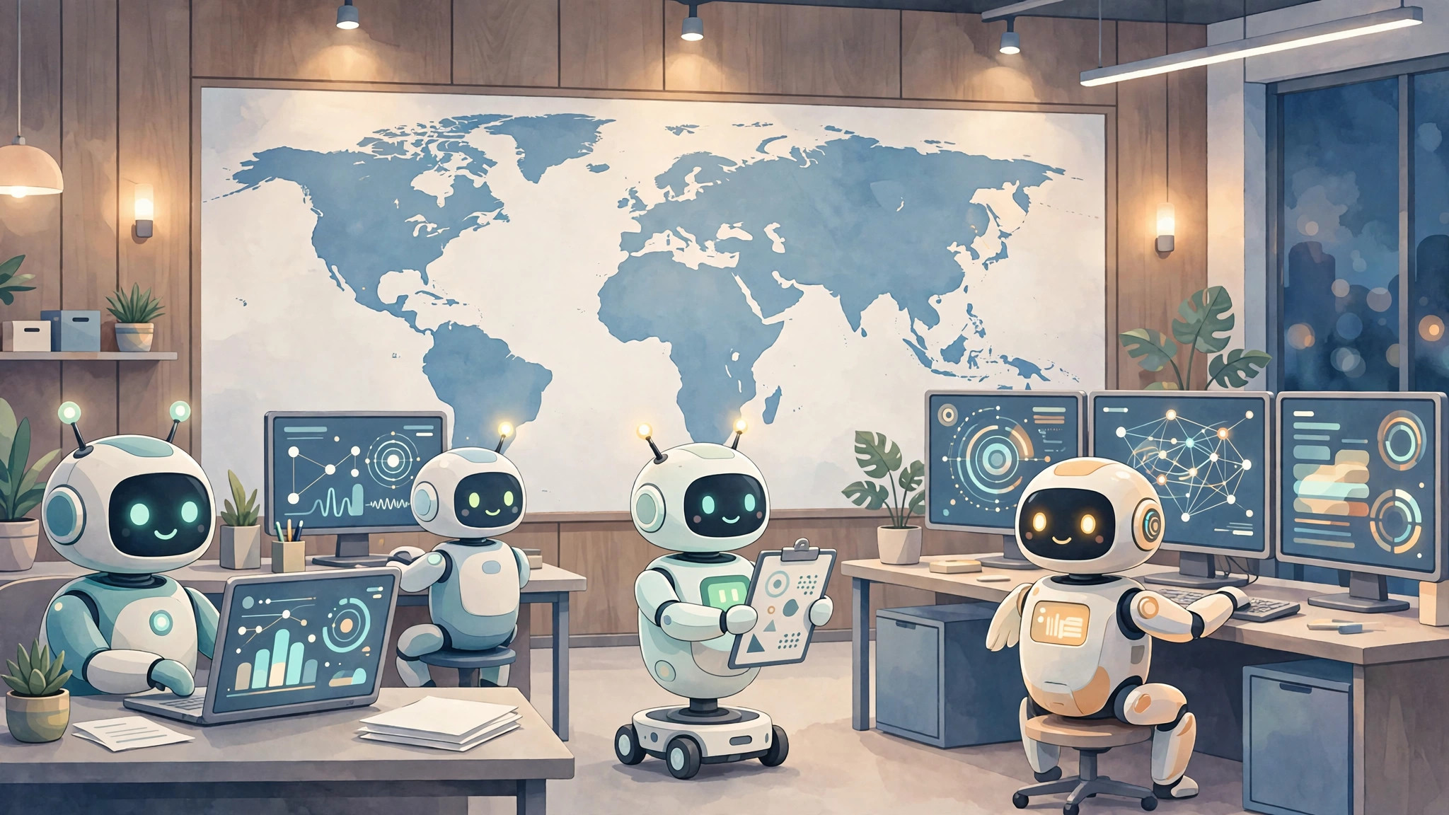 Illustration of friendly AI robot assistants working in a modern newsroom with glowing screens.