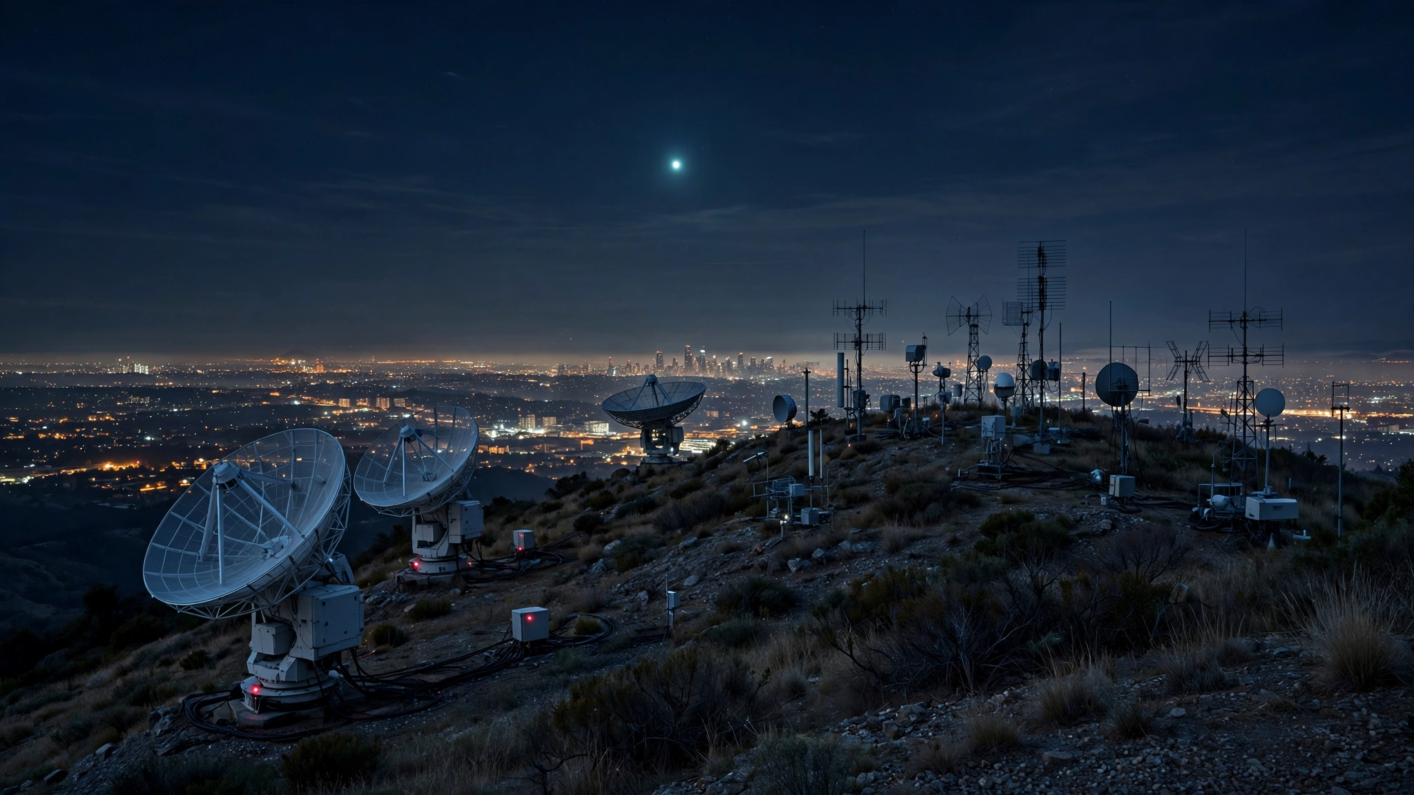 Radar dishes and a night sky with a small bright object high above a city skyline