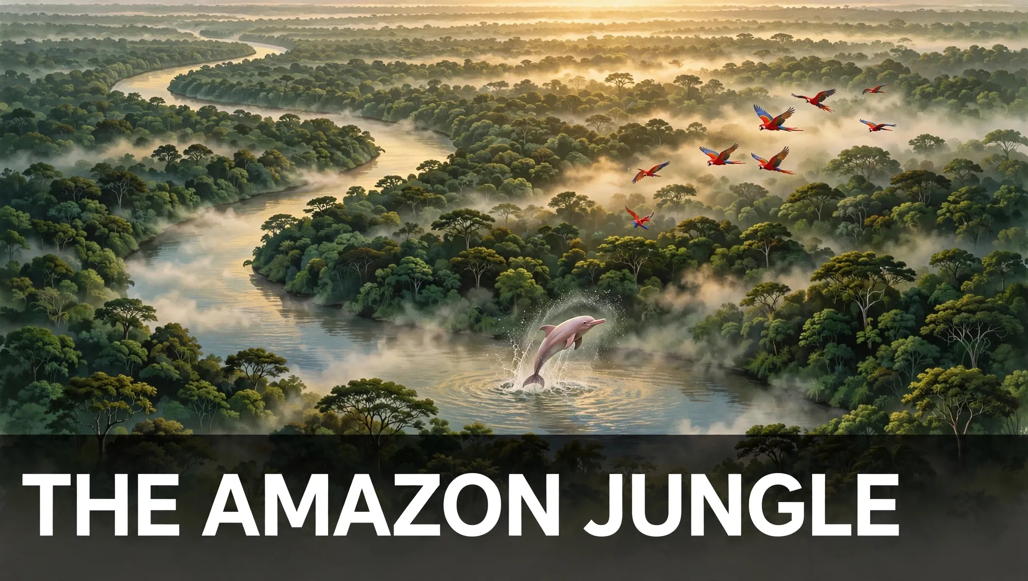 Illustration of the Amazon rainforest and its great river with the words The Amazon Jungle