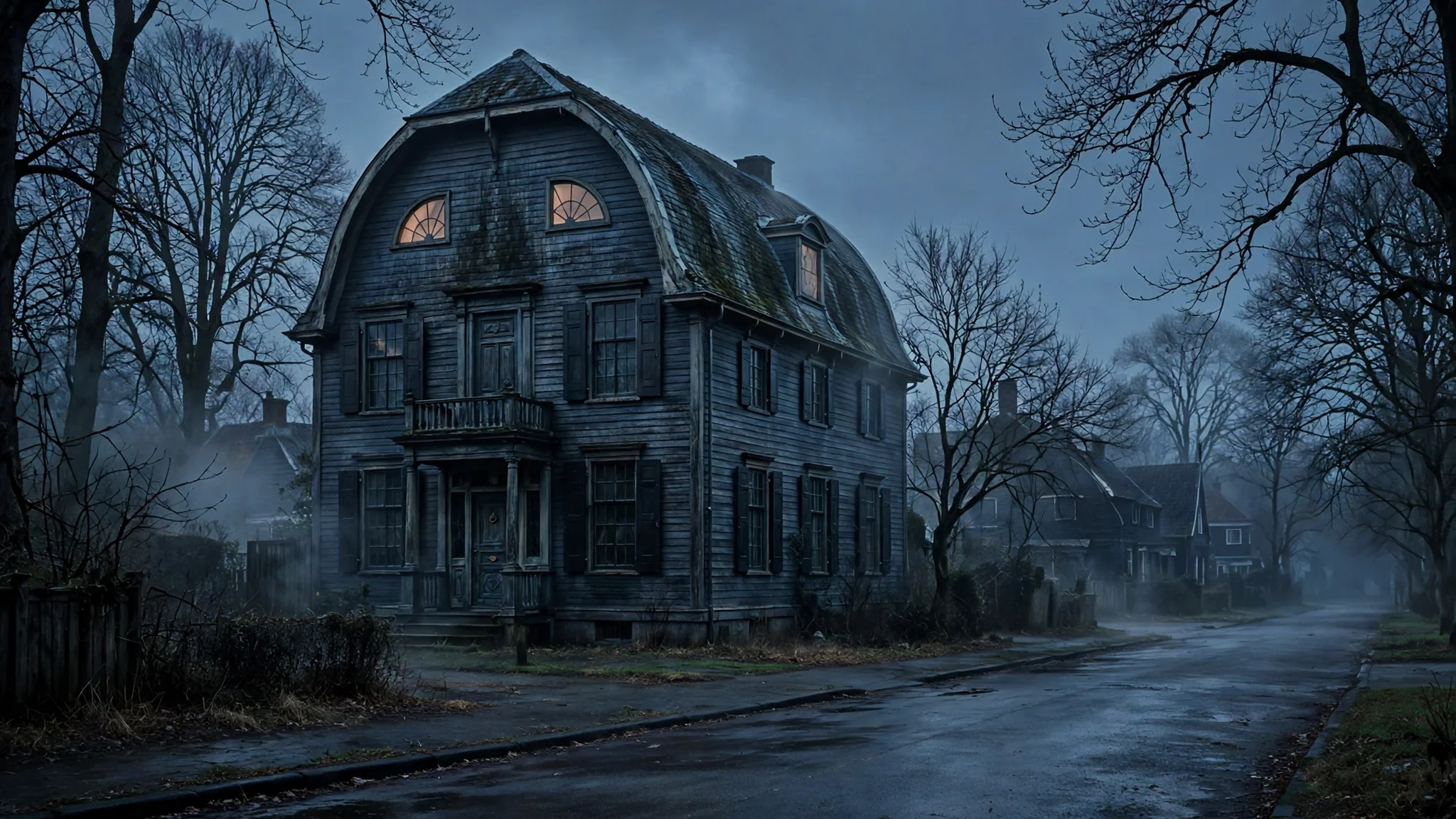 A large Dutch colonial house at dusk with two quarter-circle attic windows, seen from a quiet street