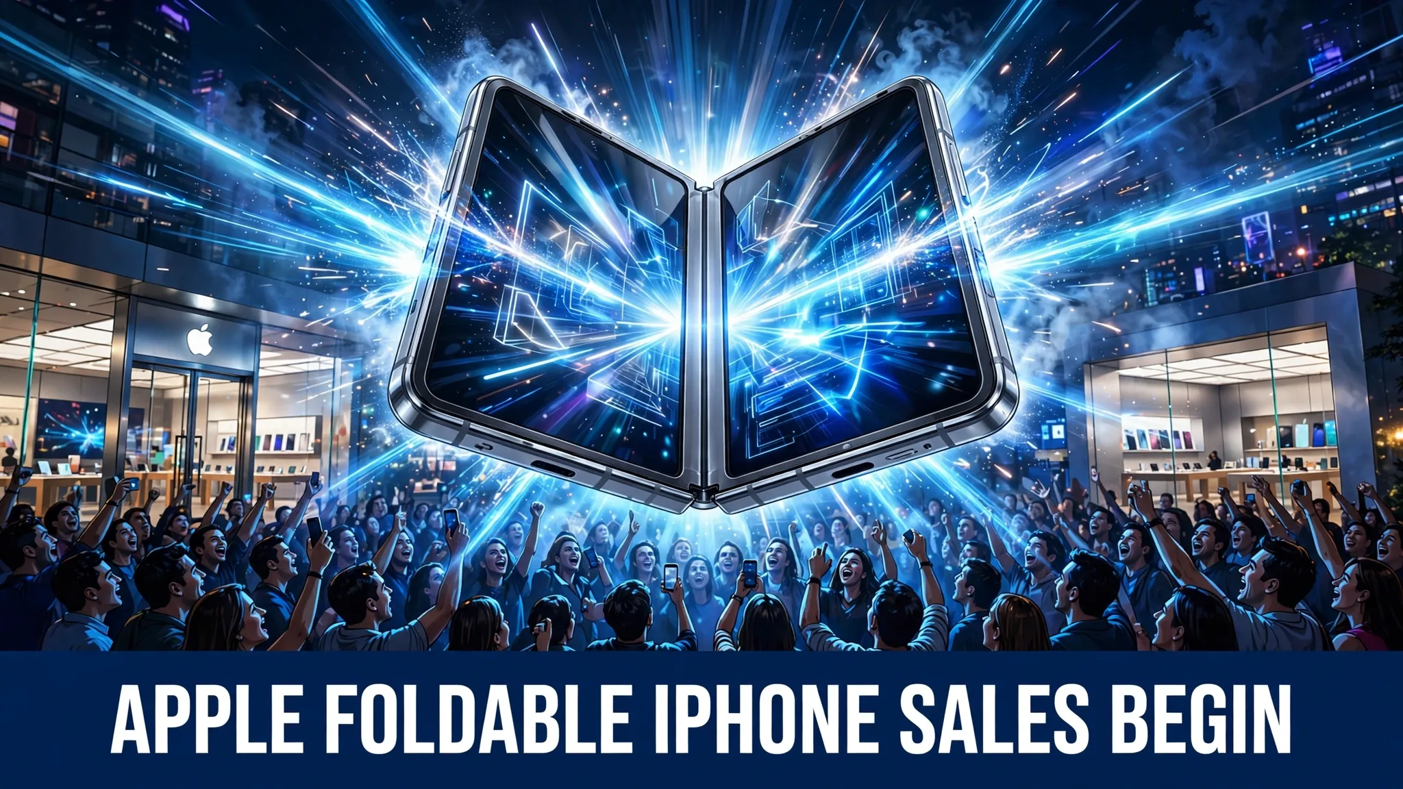 An illustration of a futuristic foldable smartphone opened like a glowing book, floating above a cheering crowd outside a glass electronics store at night.