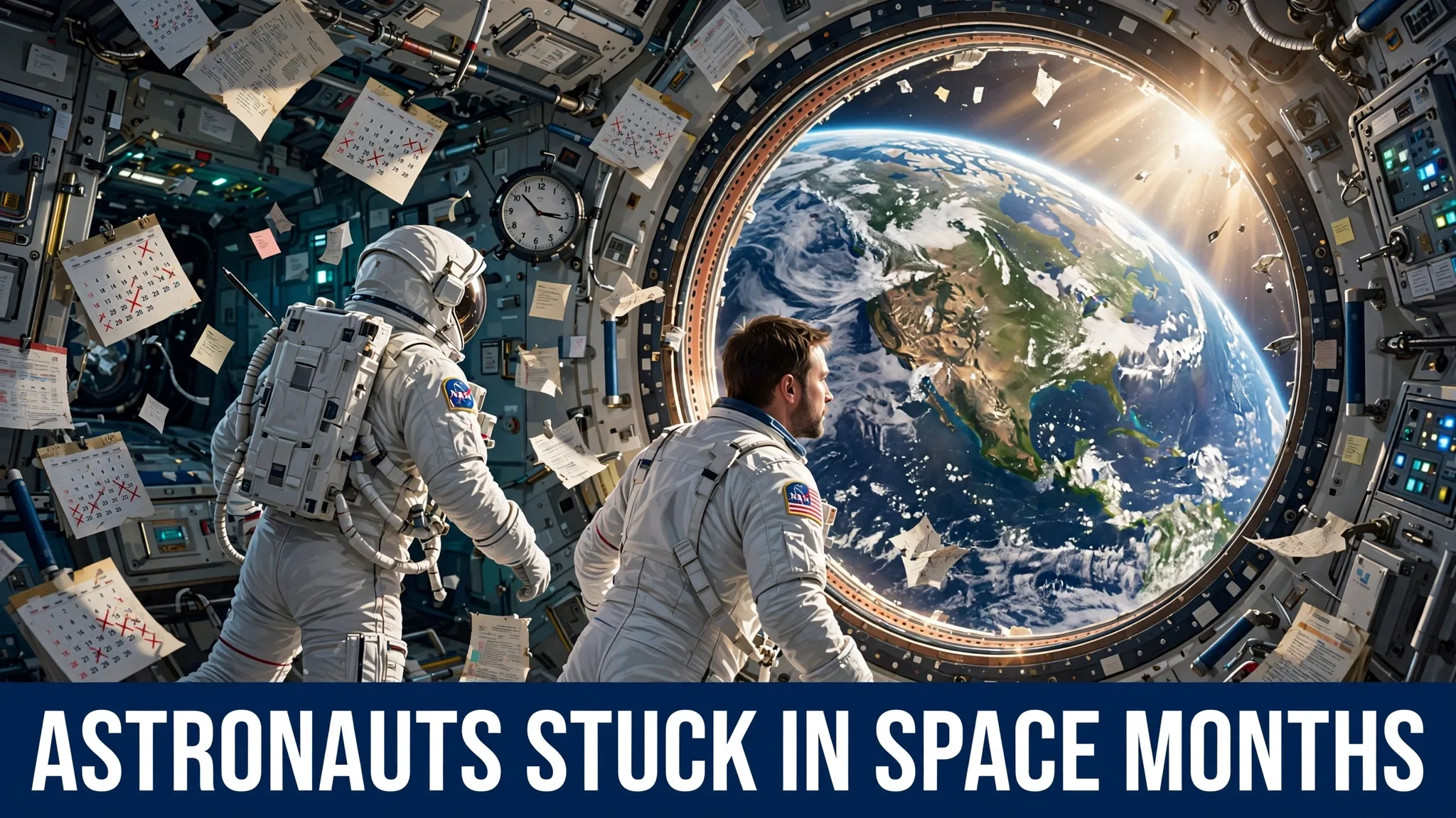 Astronauts Suni Williams and Butch Wilmore floating inside the International Space Station beside a round window showing Earth below.