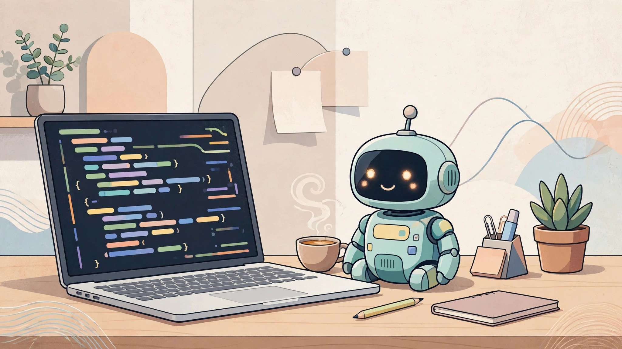Illustration of a laptop with code on its screen and a small AI robot helper on a desk.