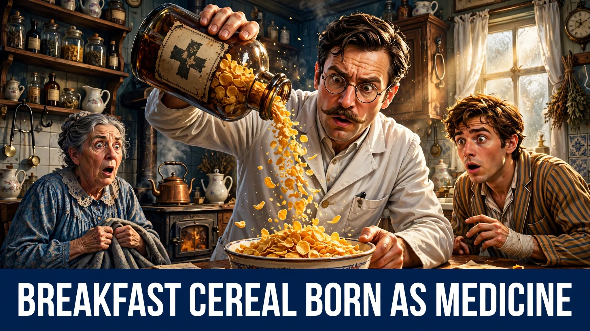 An illustration of two brothers in old-fashioned dress in a Victorian kitchen laboratory, pouring grains into a bowl of early breakfast cereal.