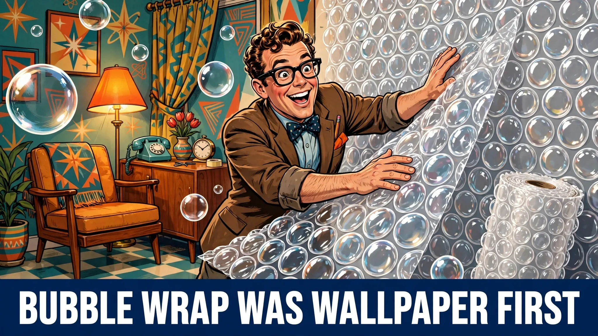 A clear sheet of bubble wrap with neat rows of air-filled bubbles, the famous packaging material that began as a failed wallpaper idea.