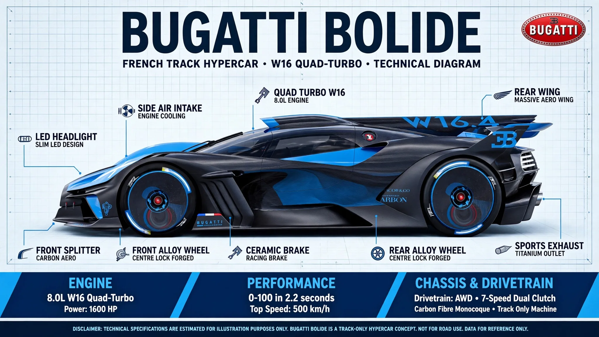 Technical diagram of a blue and black Bugatti Bolide in side profile with labels and spec boxes