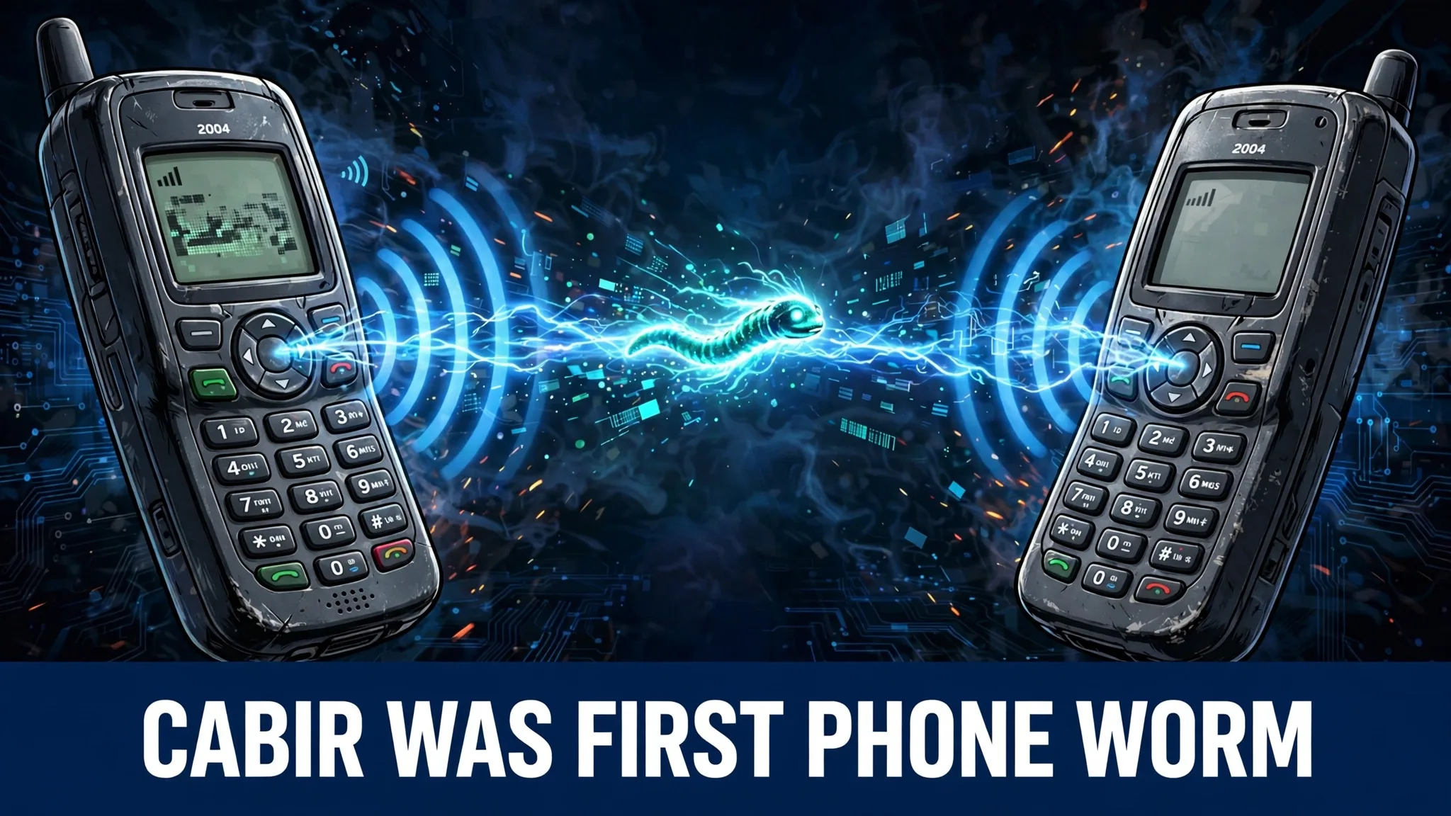 An illustration of a tiny glowing worm travelling through bright blue wireless waves between two chunky 2004 mobile phones with small antennas.