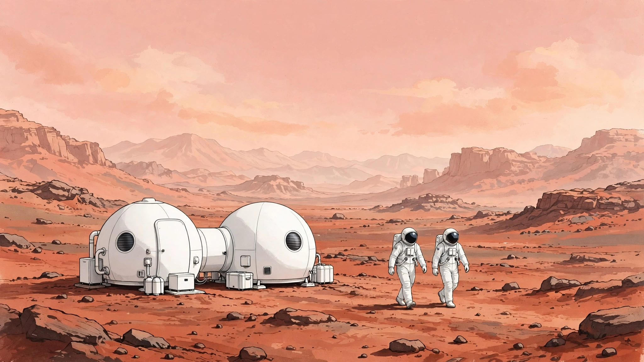 An illustration of a small sealed habitat with domes on the rusty surface of Mars, with astronauts in spacesuits walking outside it.