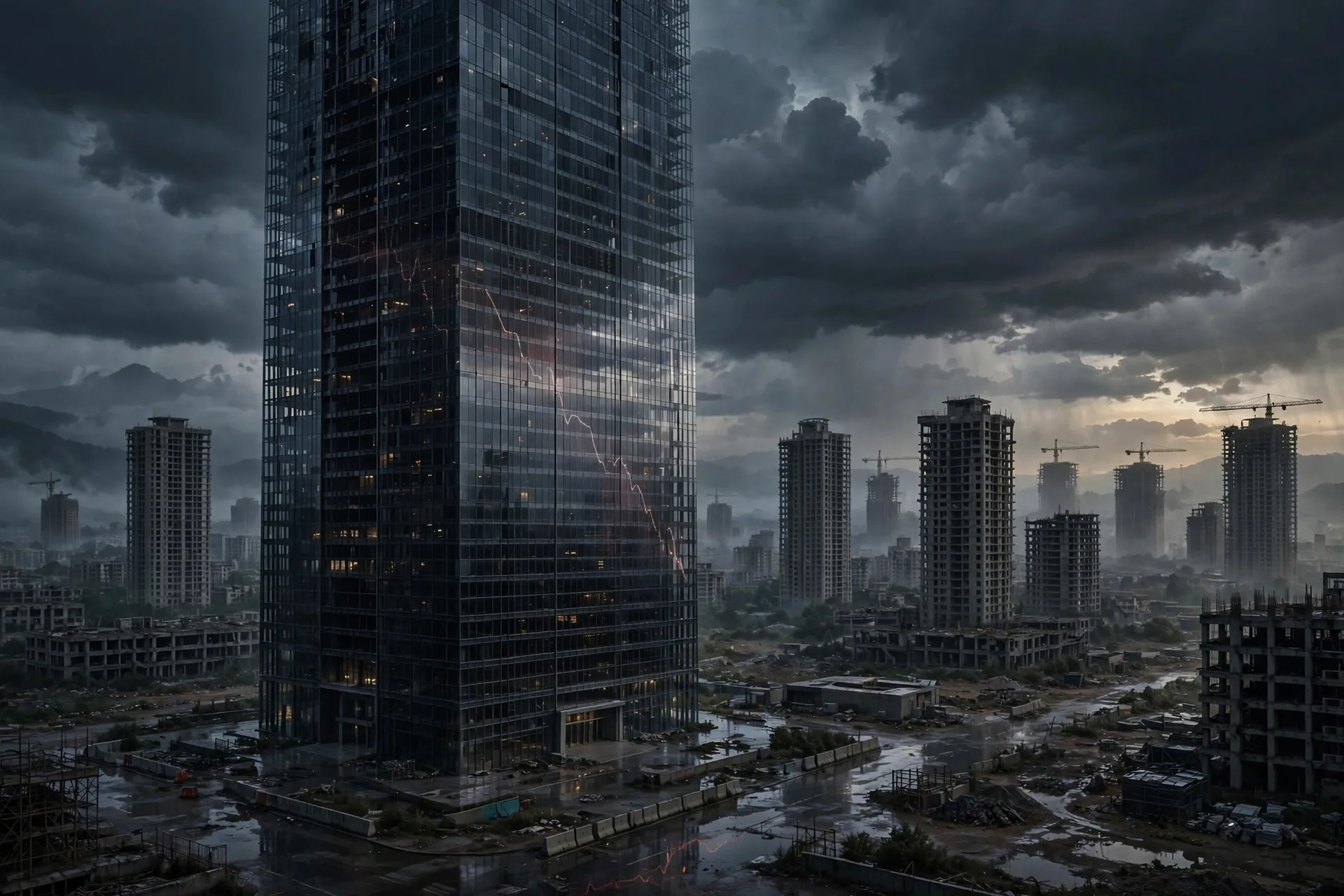 Illustration of a dark glass skyscraper in China with unfinished apartment towers behind it under storm clouds