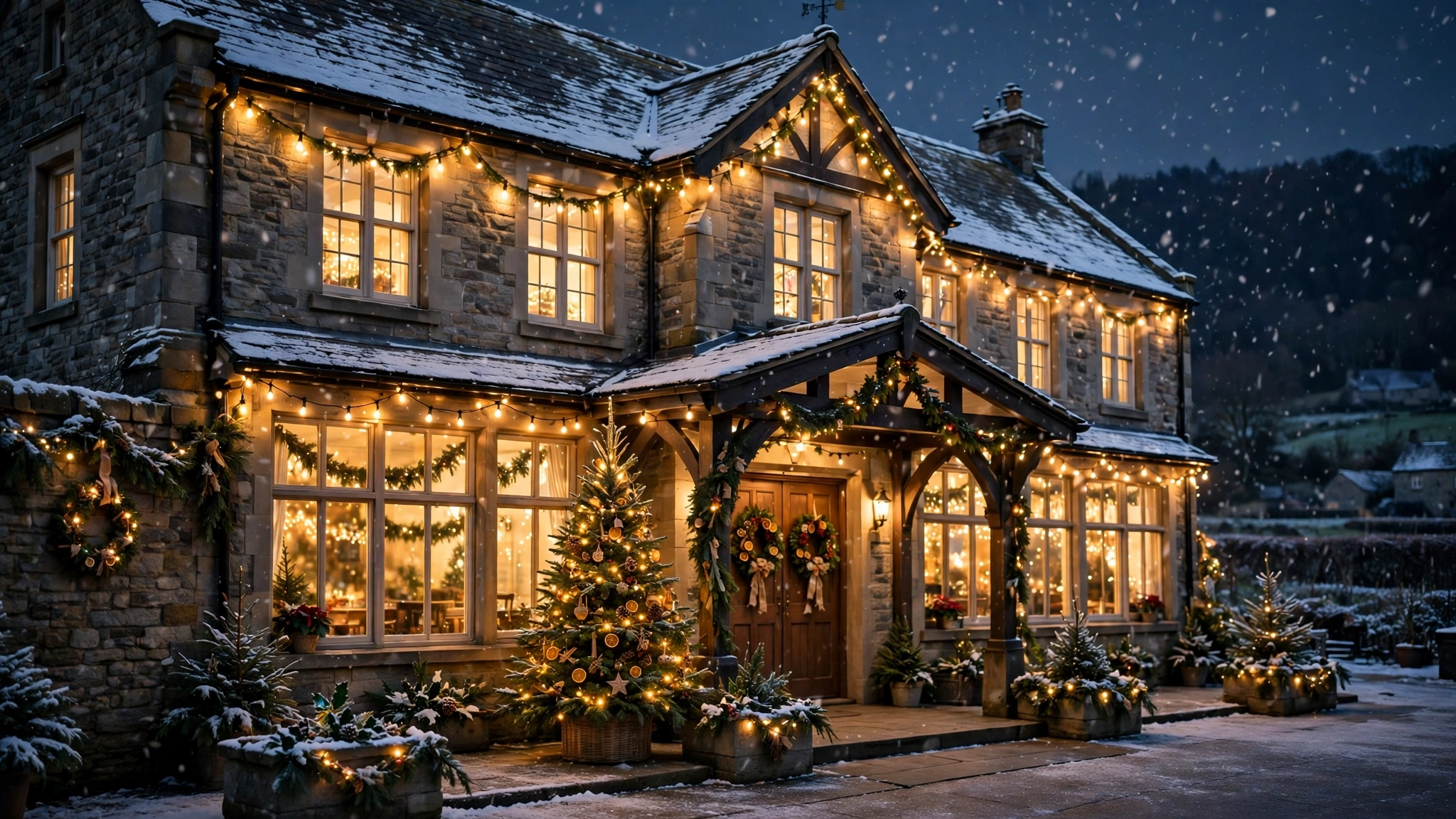 A village hall decorated for Christmas with warm lights, a tree by the door and snow falling outside