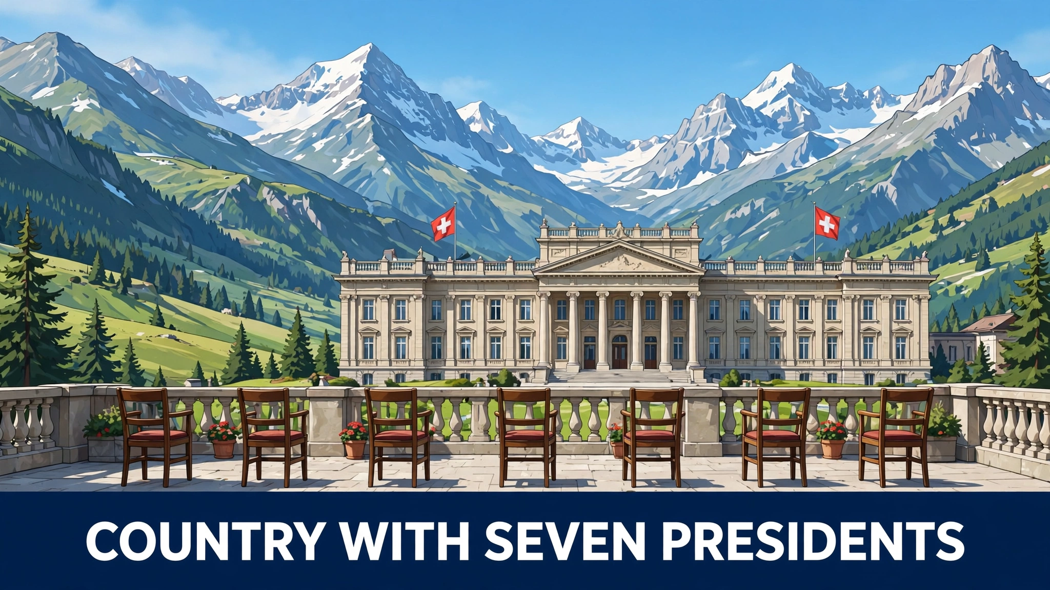 An original illustration of the Swiss parliament building in front of the Alps, with seven chairs in a row on the terrace for the country's seven leaders and Swiss flags flying.