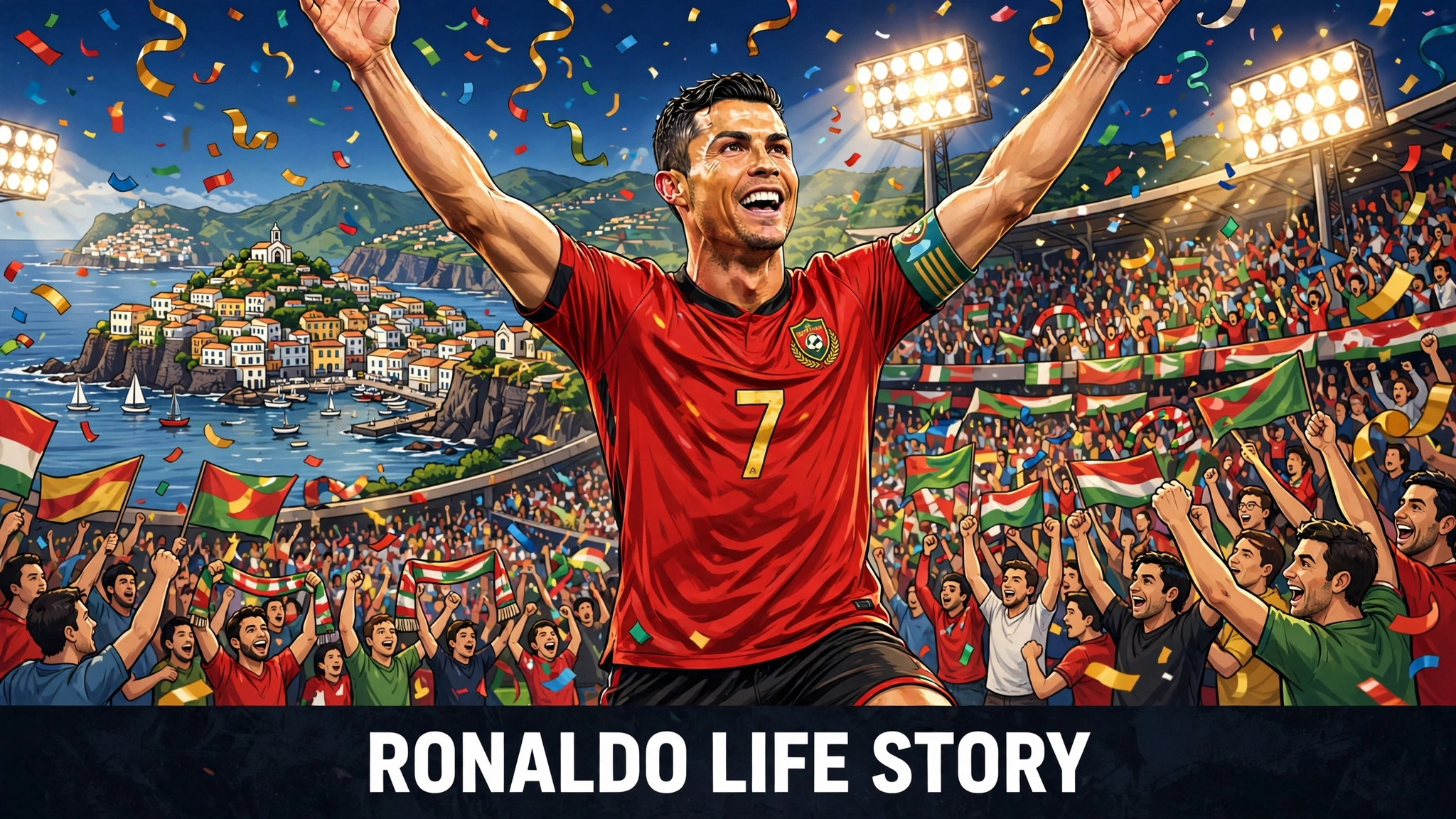 Original illustration of Cristiano Ronaldo in a red number 7 style football scene, celebrating a goal under bright stadium lights