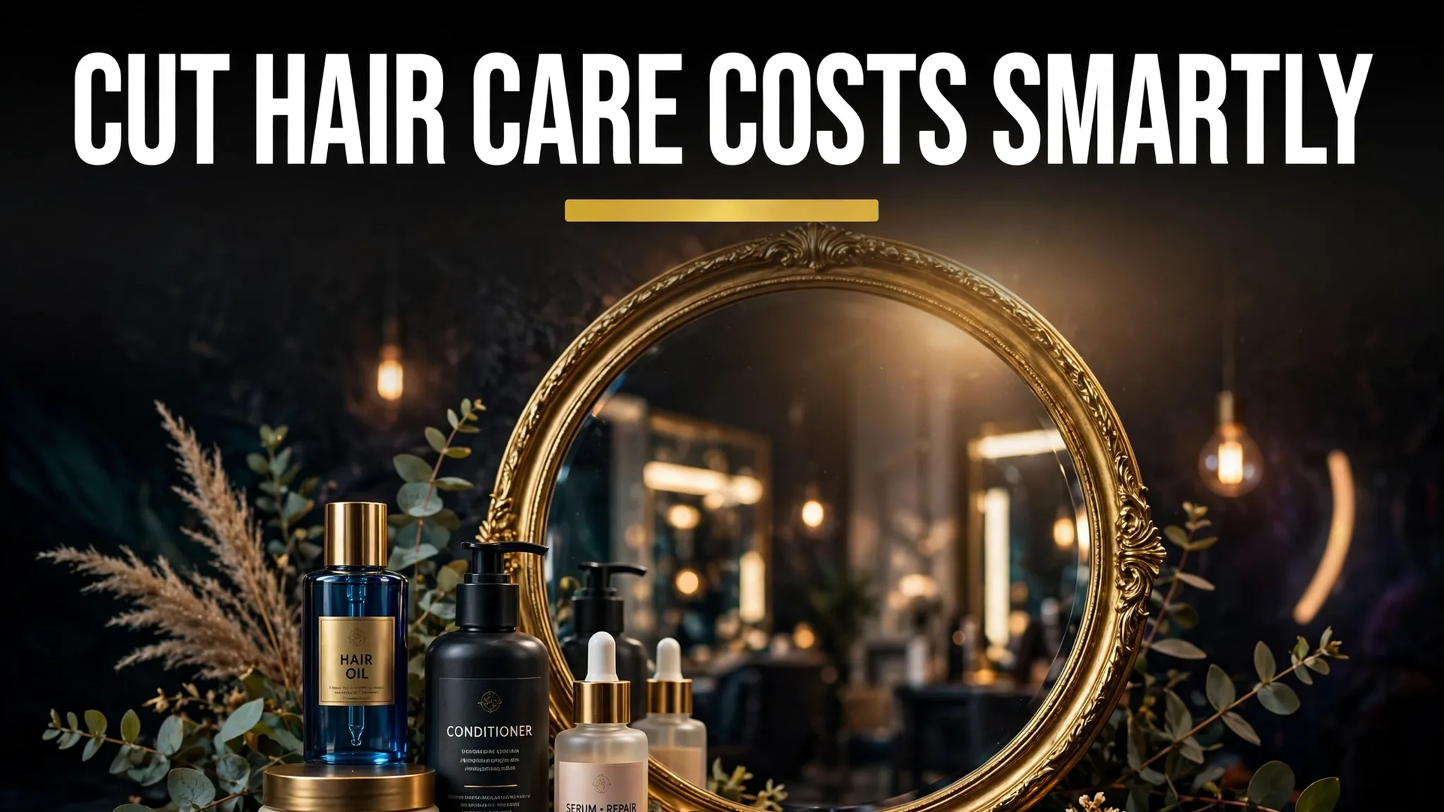 Hair care products, a comb and a mirror in soft salon light