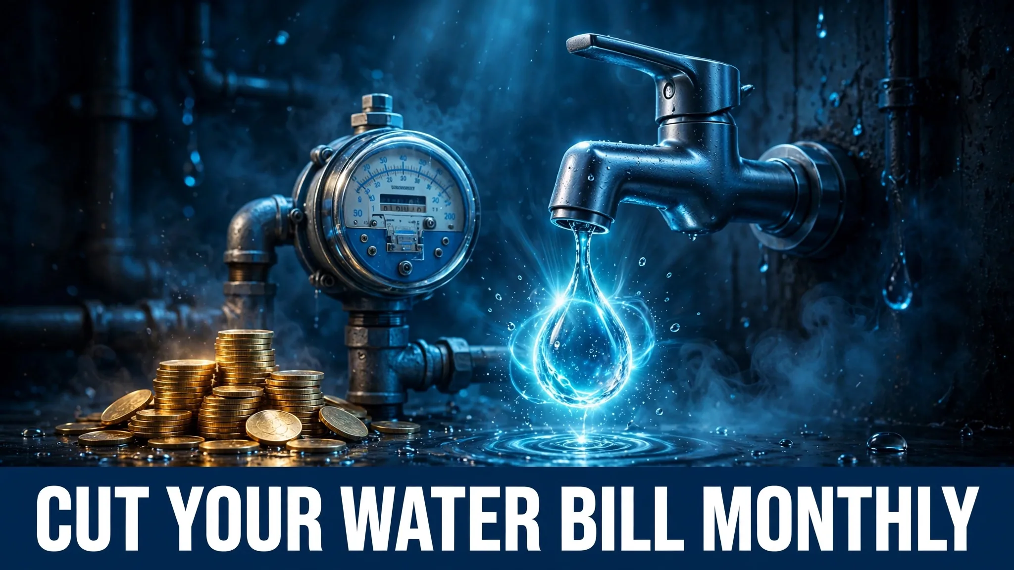 A tap with a single glowing water drop and a water meter beside it