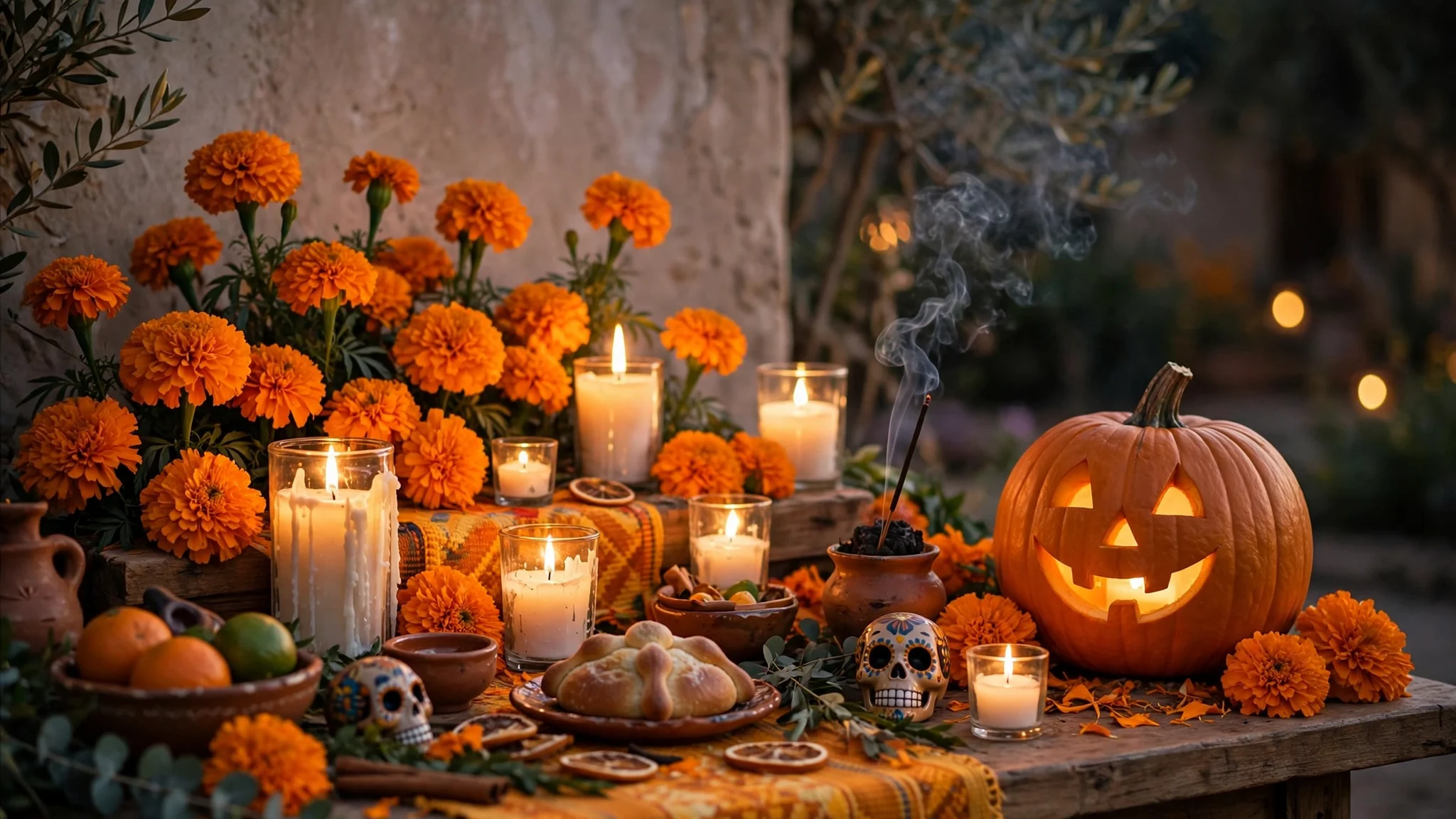 A Day of the Dead ofrenda with marigolds and candles beside a Halloween pumpkin
