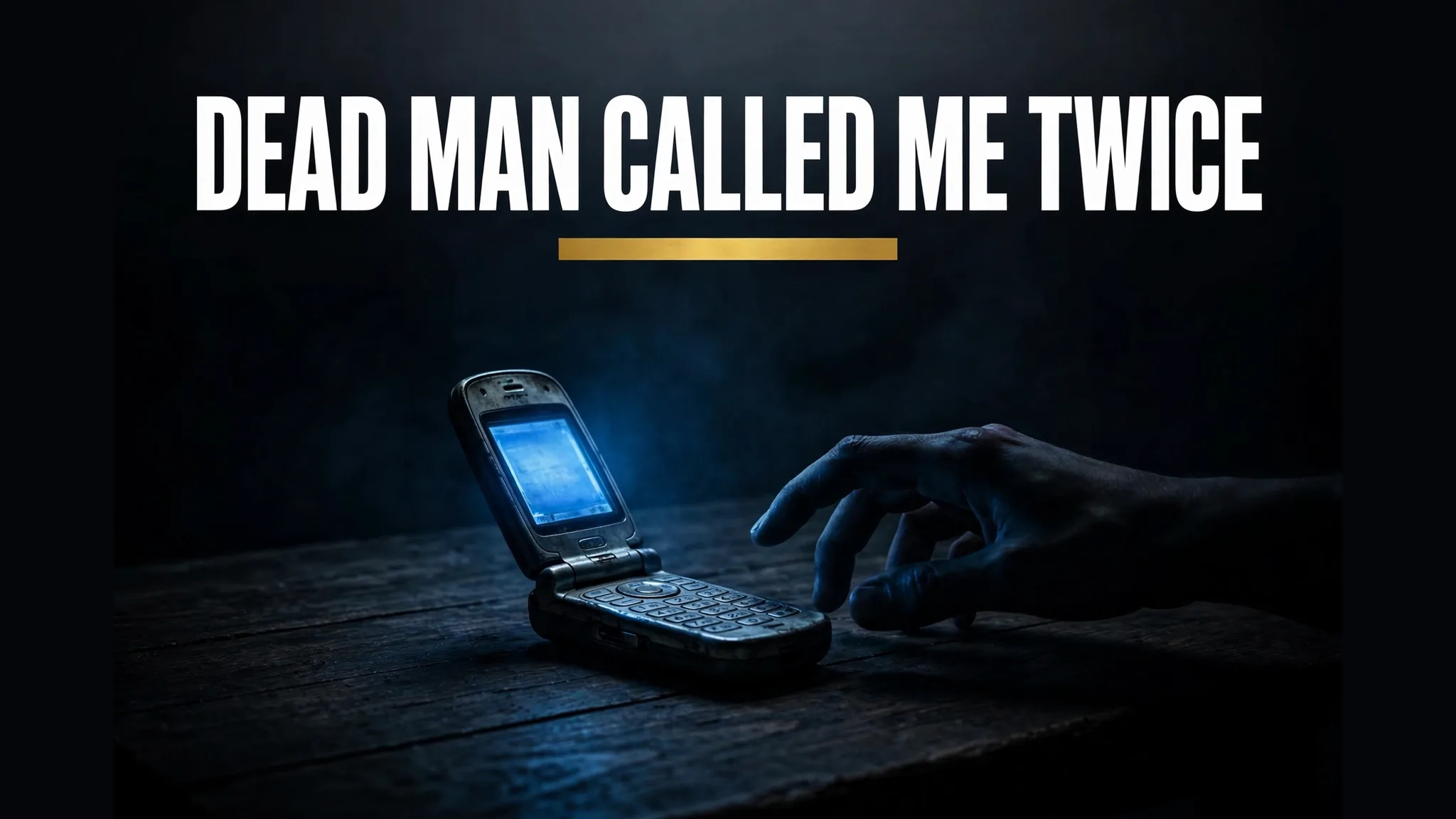 A glowing old phone on a dark wooden table in a black room with a shadowy hand reaching toward it