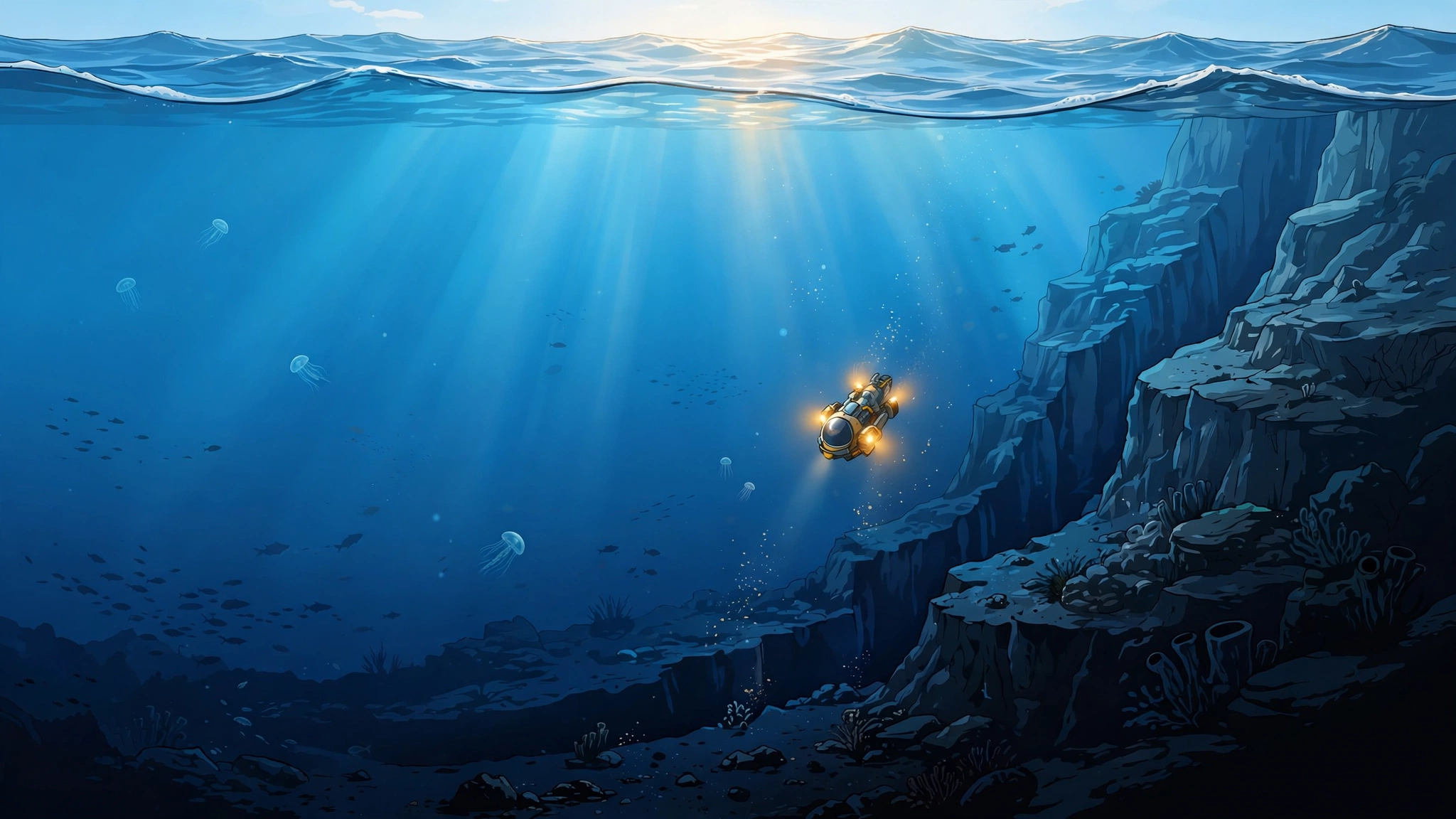 An illustration of a deep ocean cross-section showing the seafloor plunging into a dark narrow trench, with a tiny submersible descending by lights.