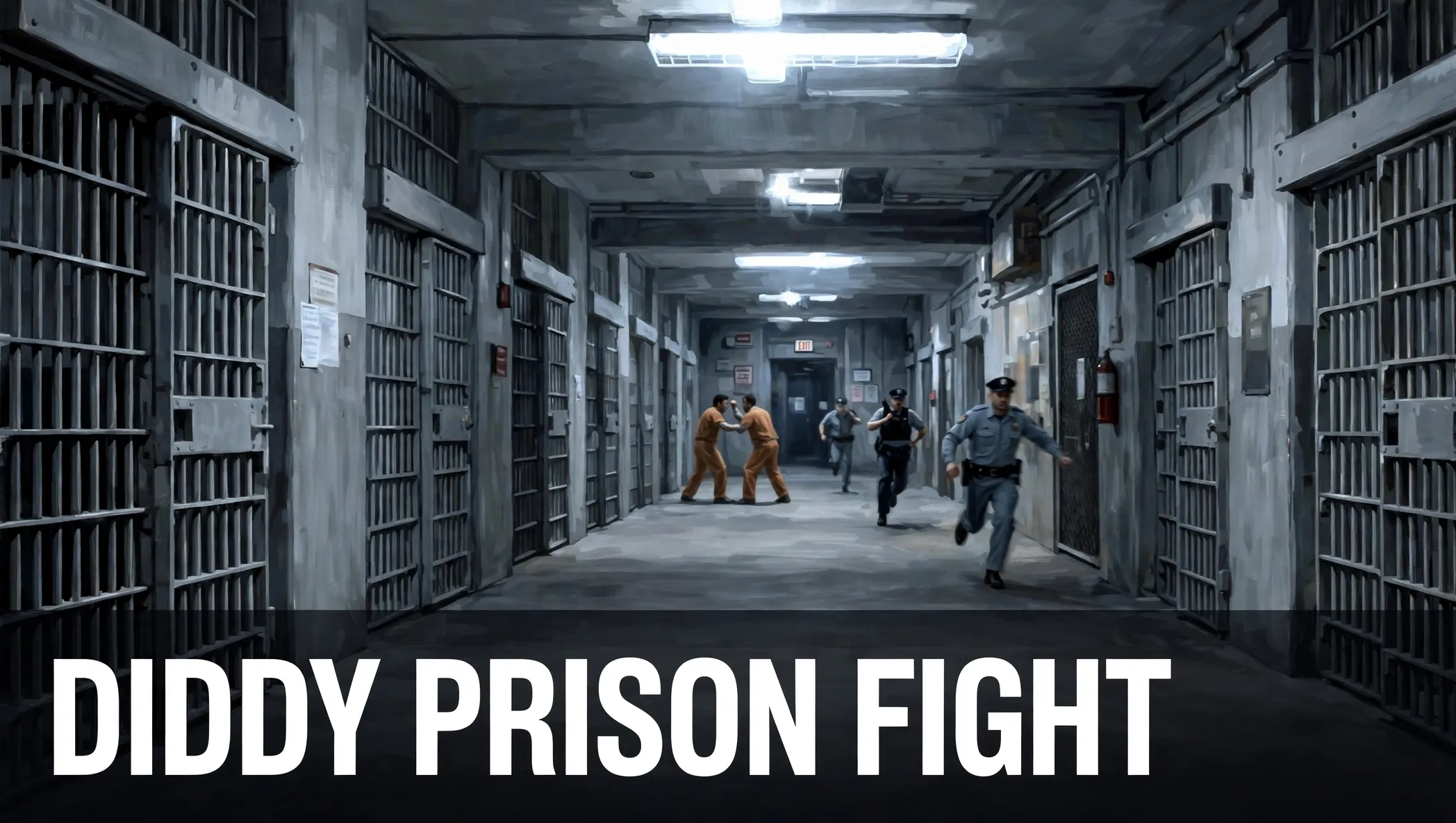 Illustration of a tense scene inside a prison with the words Diddy Prison Fight
