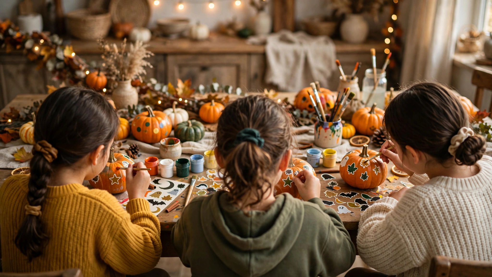 Children decorating pumpkins with paint and stickers at a kitchen table