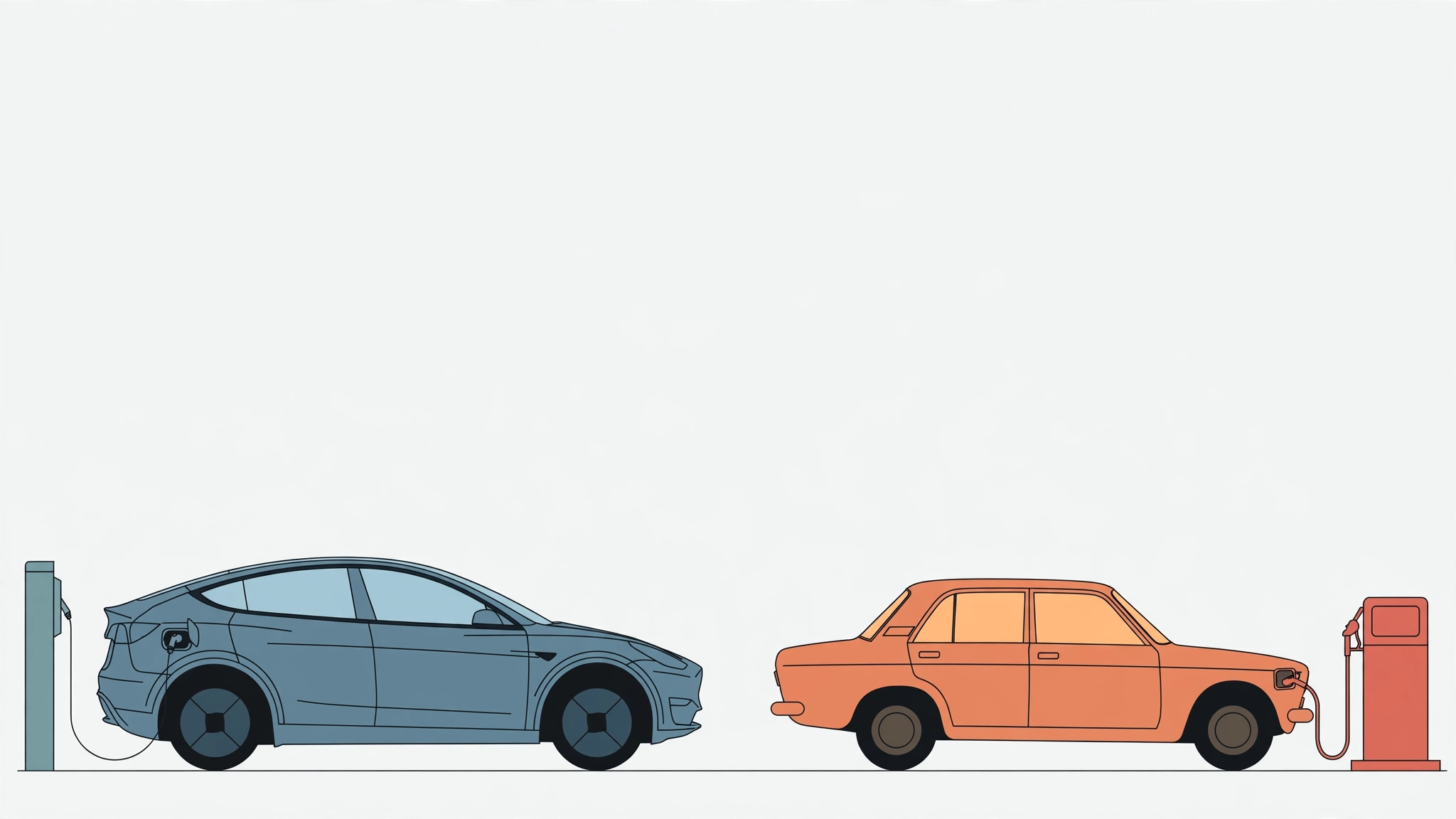 An electric car charging beside a petrol car at a fuel station