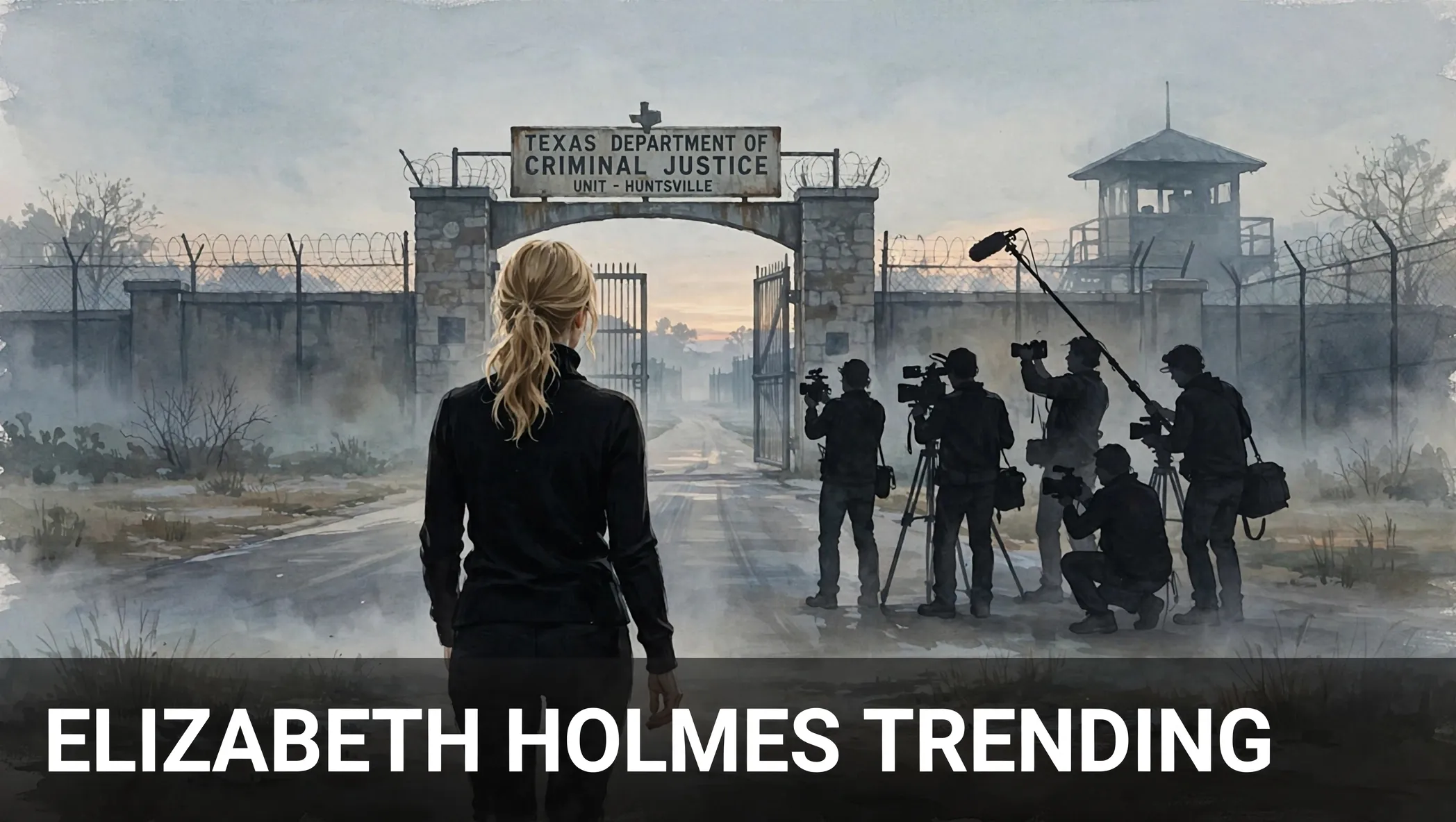 Illustration of a woman walking toward a prison gate while a film crew records her, with the words Elizabeth Holmes Trending