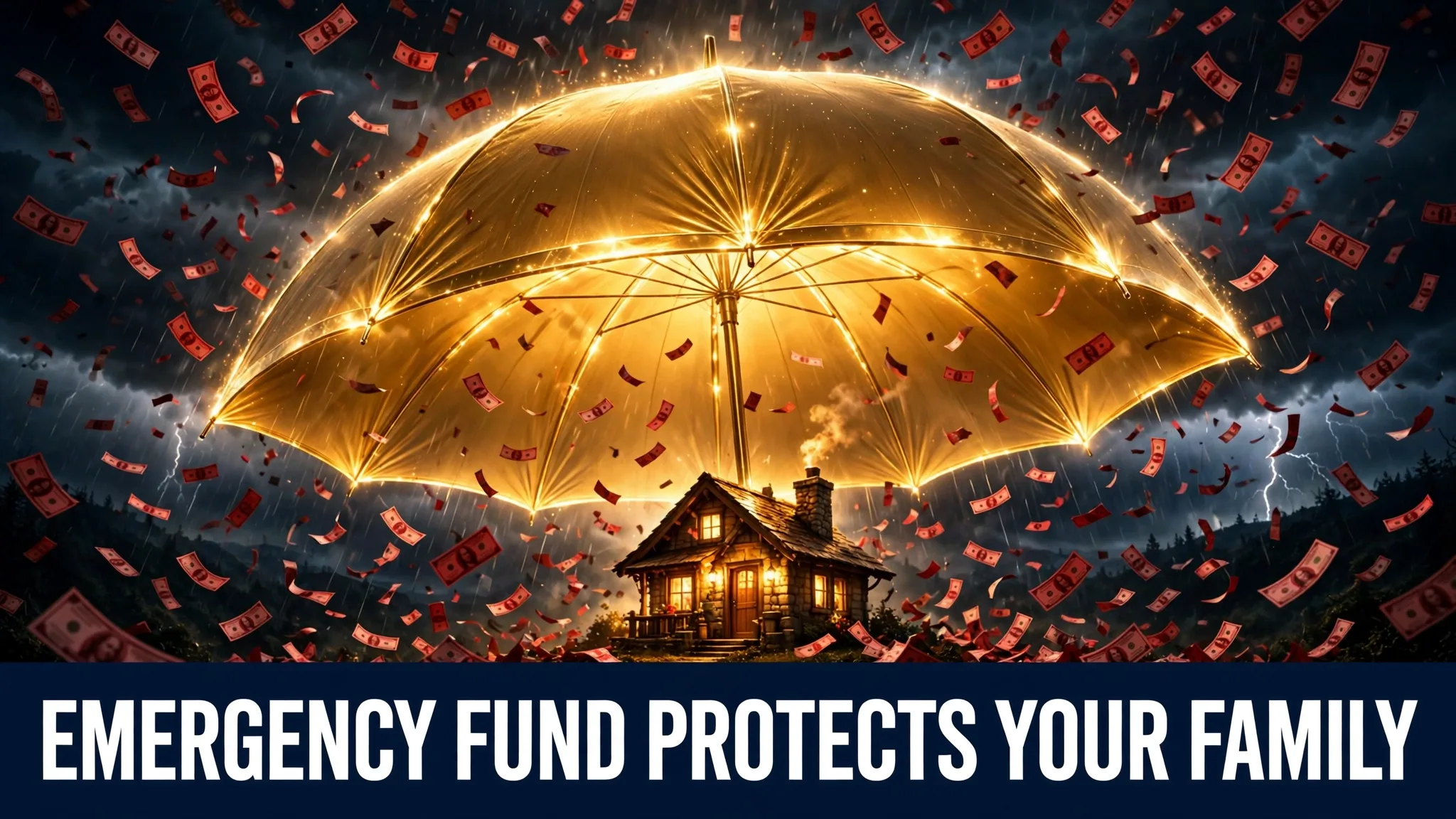 A golden umbrella sheltering a house in a storm, showing how an emergency fund protects a family
