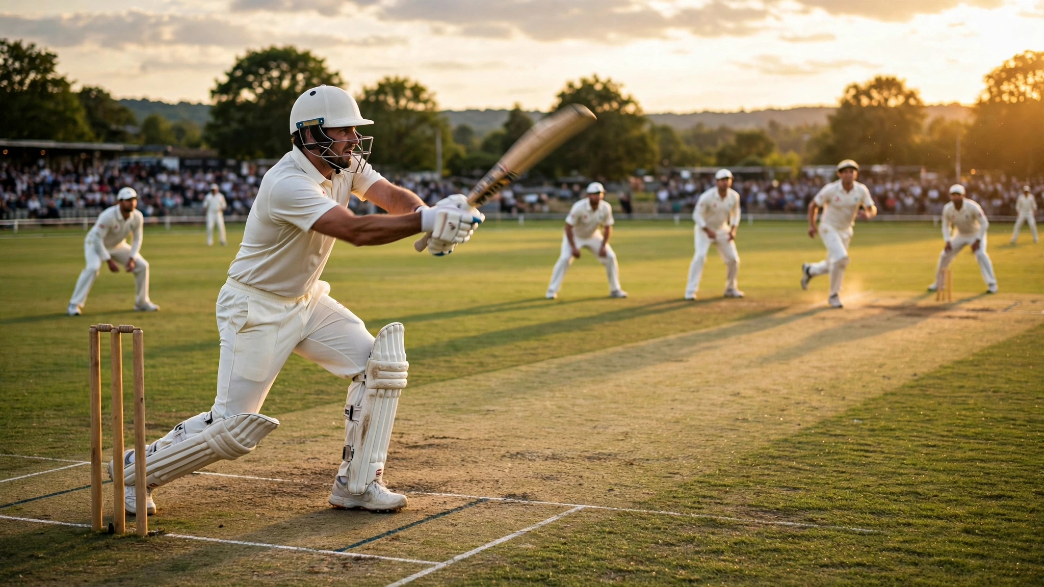 A Test cricket batsman playing an attacking shot on the fifth day of a match, with fielders spread around the ground.