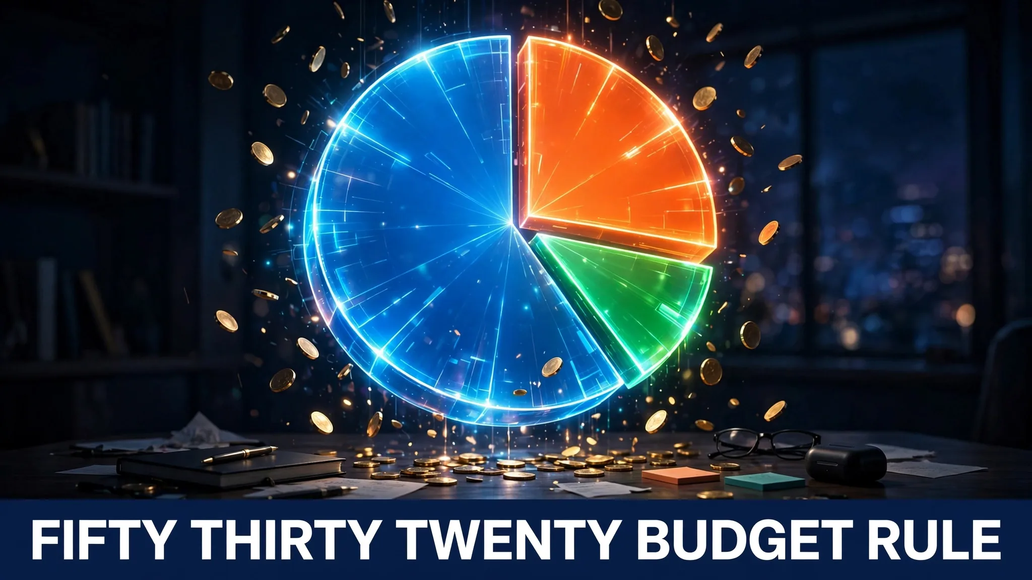 A glowing pie chart showing the fifty thirty twenty budget rule split