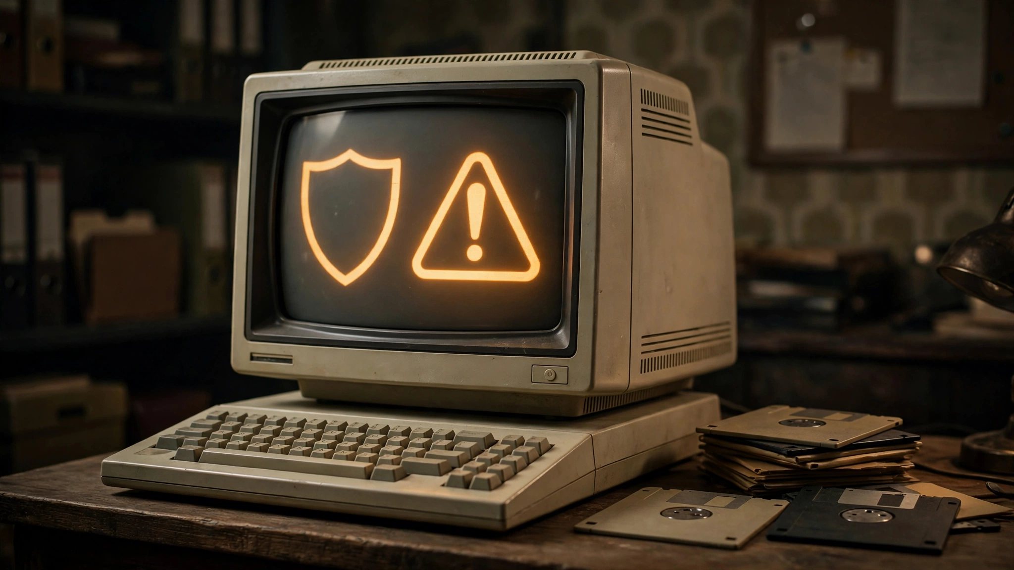 A vintage computer screen showing an early virus warning and a shield symbol
