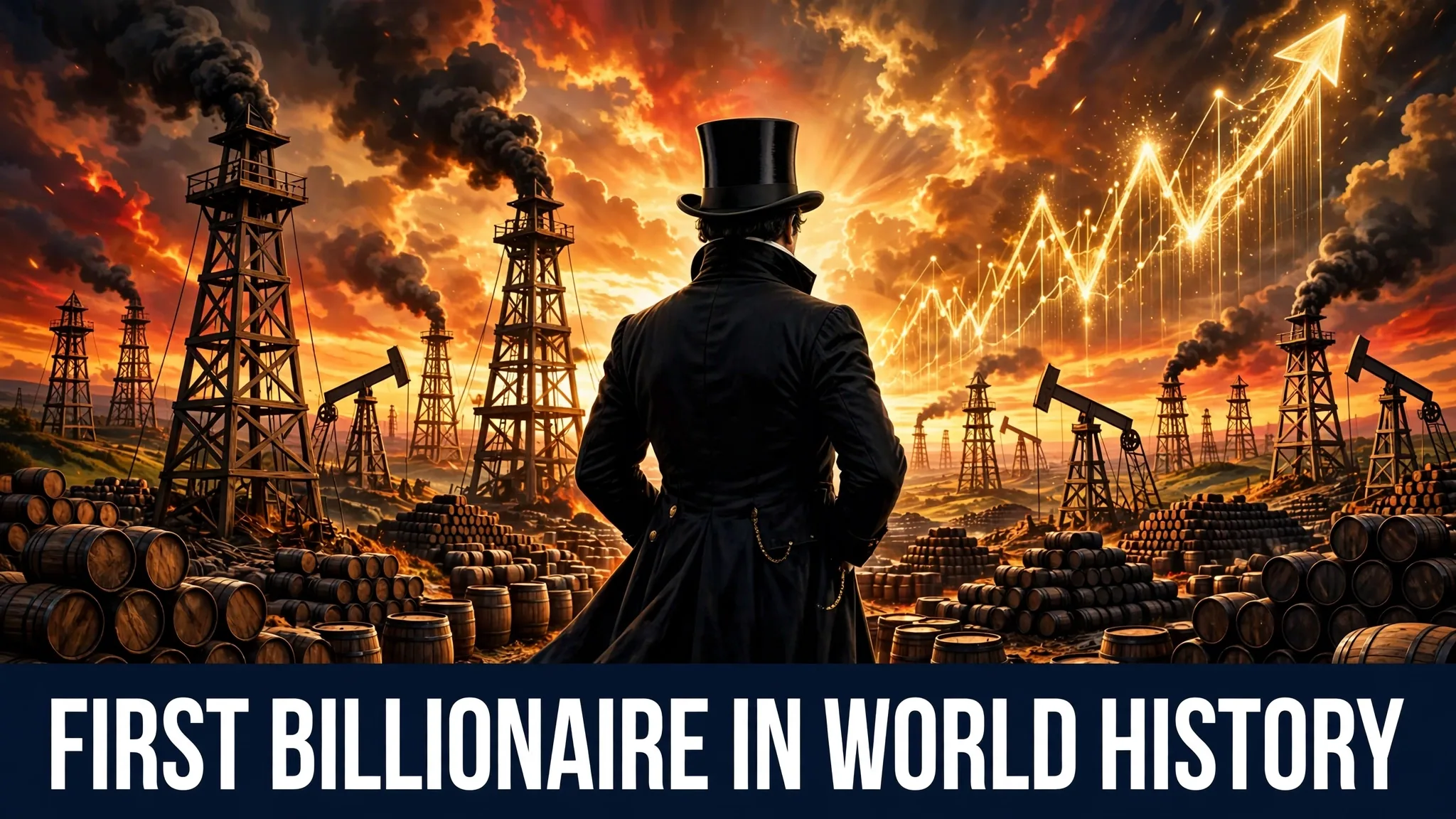 An illustration of oil barrels and a rising money chart in a vintage American oil field, telling the story of the first billionaire.