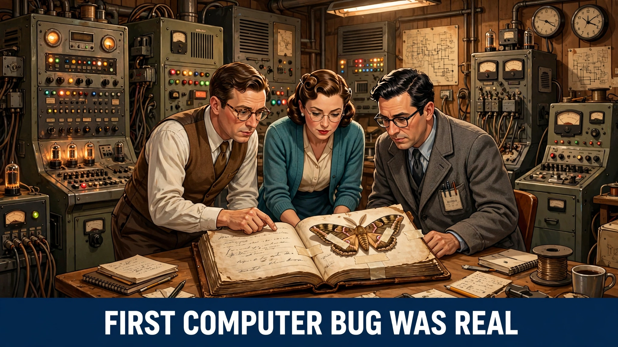 An original illustration of a 1947 room-sized computer with engineers gathered around an open logbook holding a taped moth.