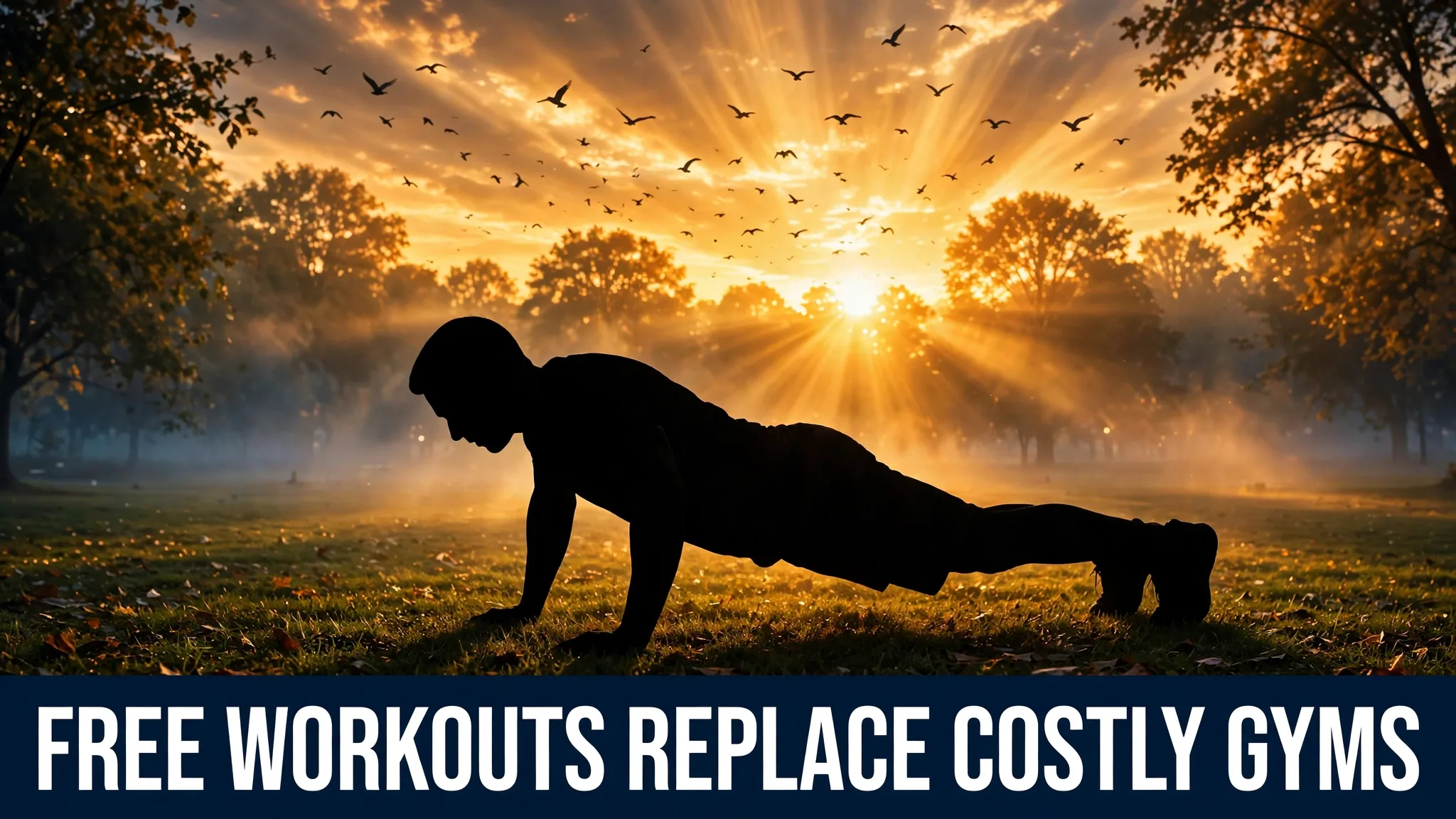 A sunrise park with a workout silhouette doing push-ups on the grass
