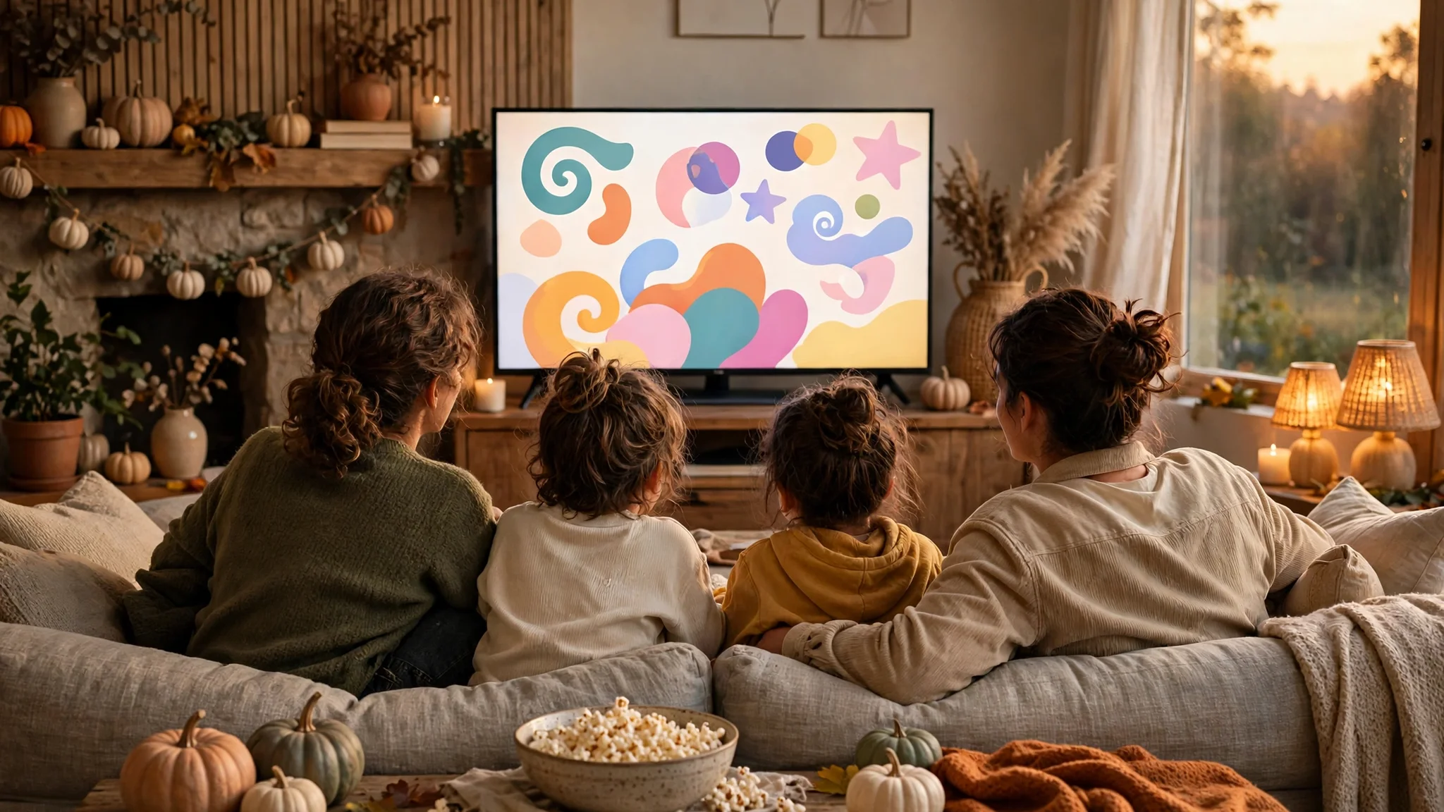 A family watching a gentle Halloween cartoon together on a sofa with popcorn