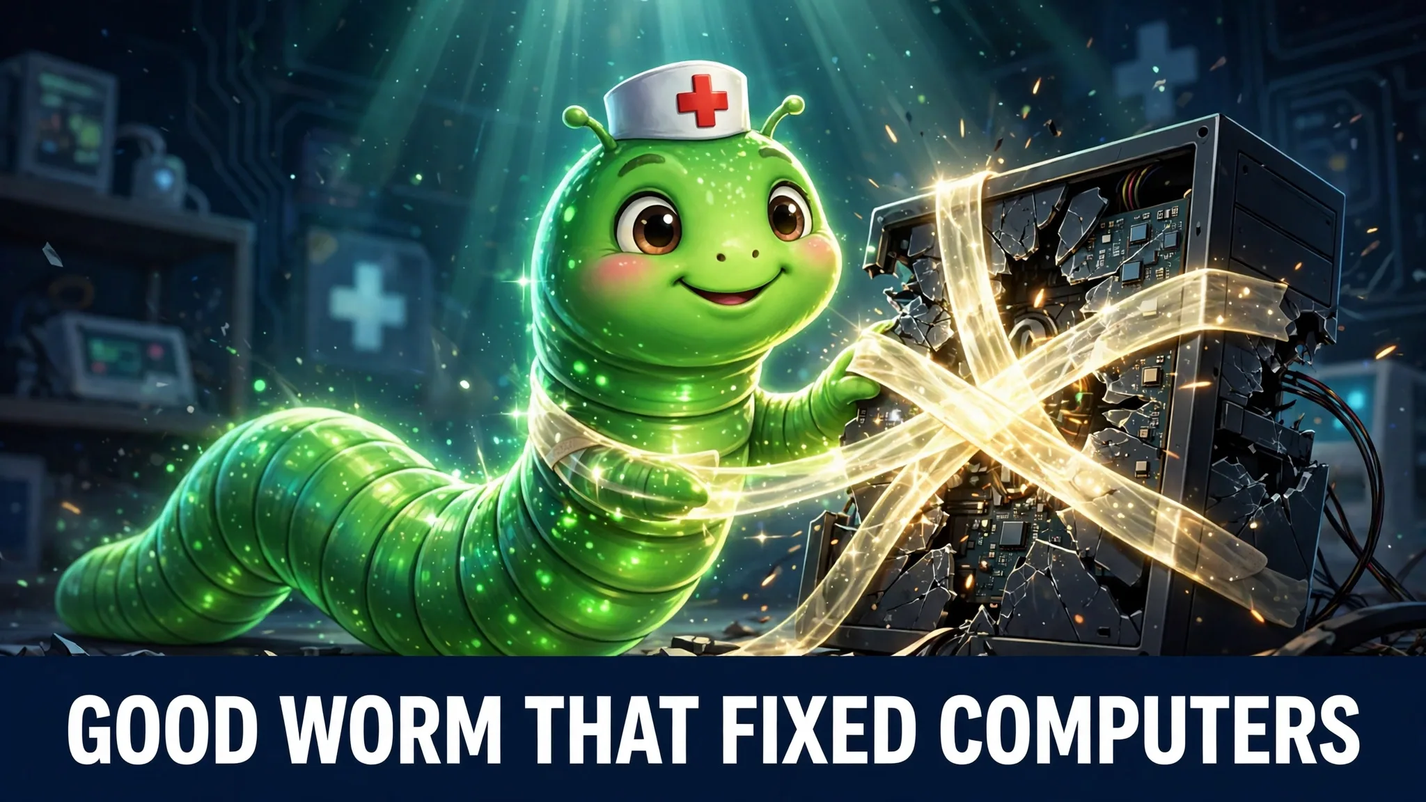 An illustration of a friendly glowing green worm wearing a small medic cap, patching a broken computer with bandages of light while traffic jams of glowing data pile up behind it.