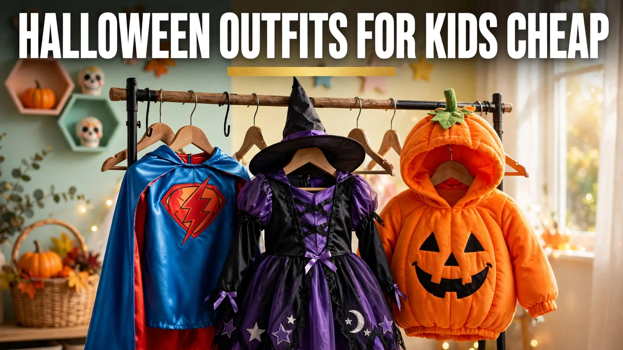 Kids Halloween costumes on hangers