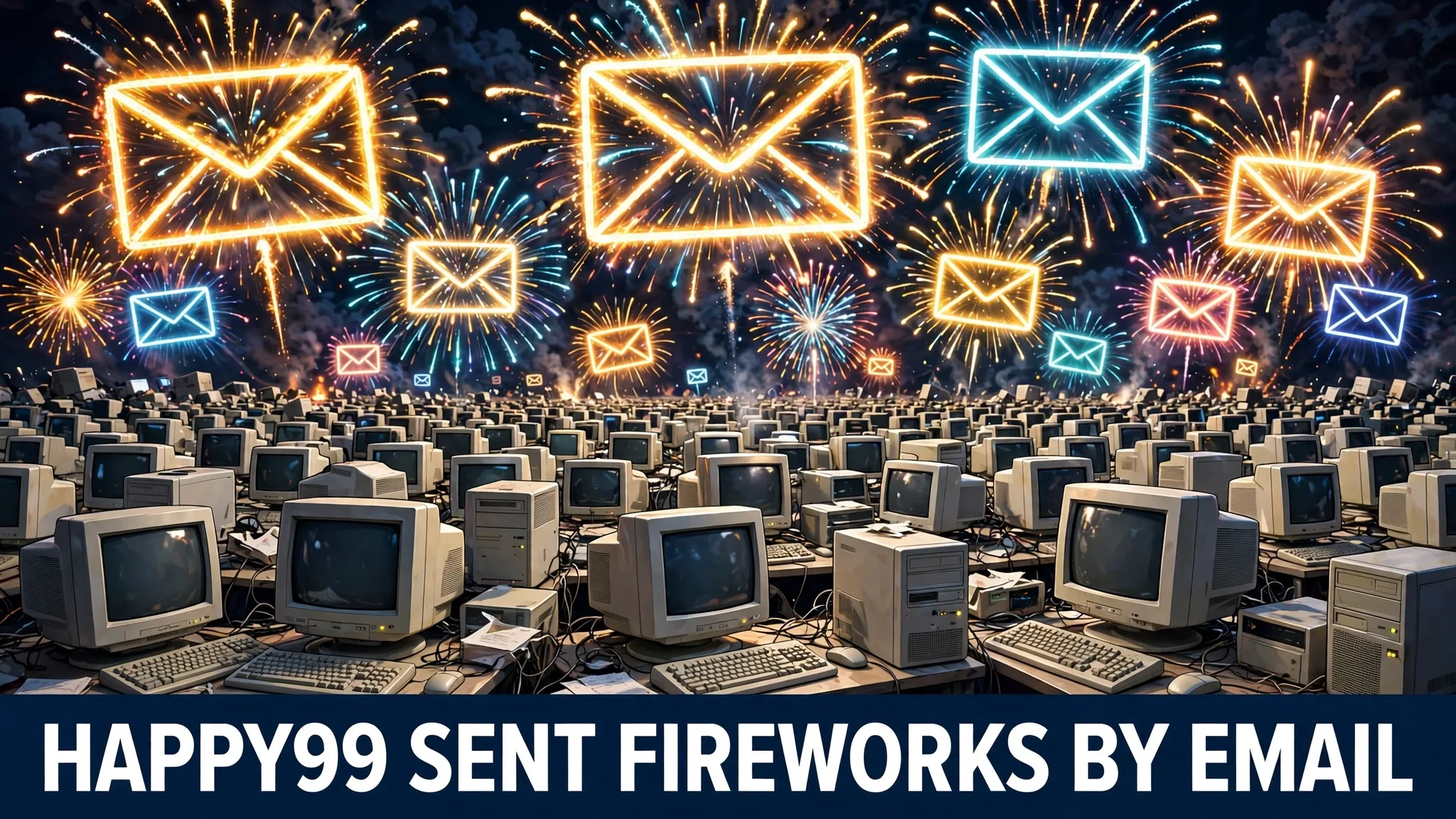 An illustration of a night sky full of fireworks shaped like email envelopes above long rows of glowing 1999 desktop computers.