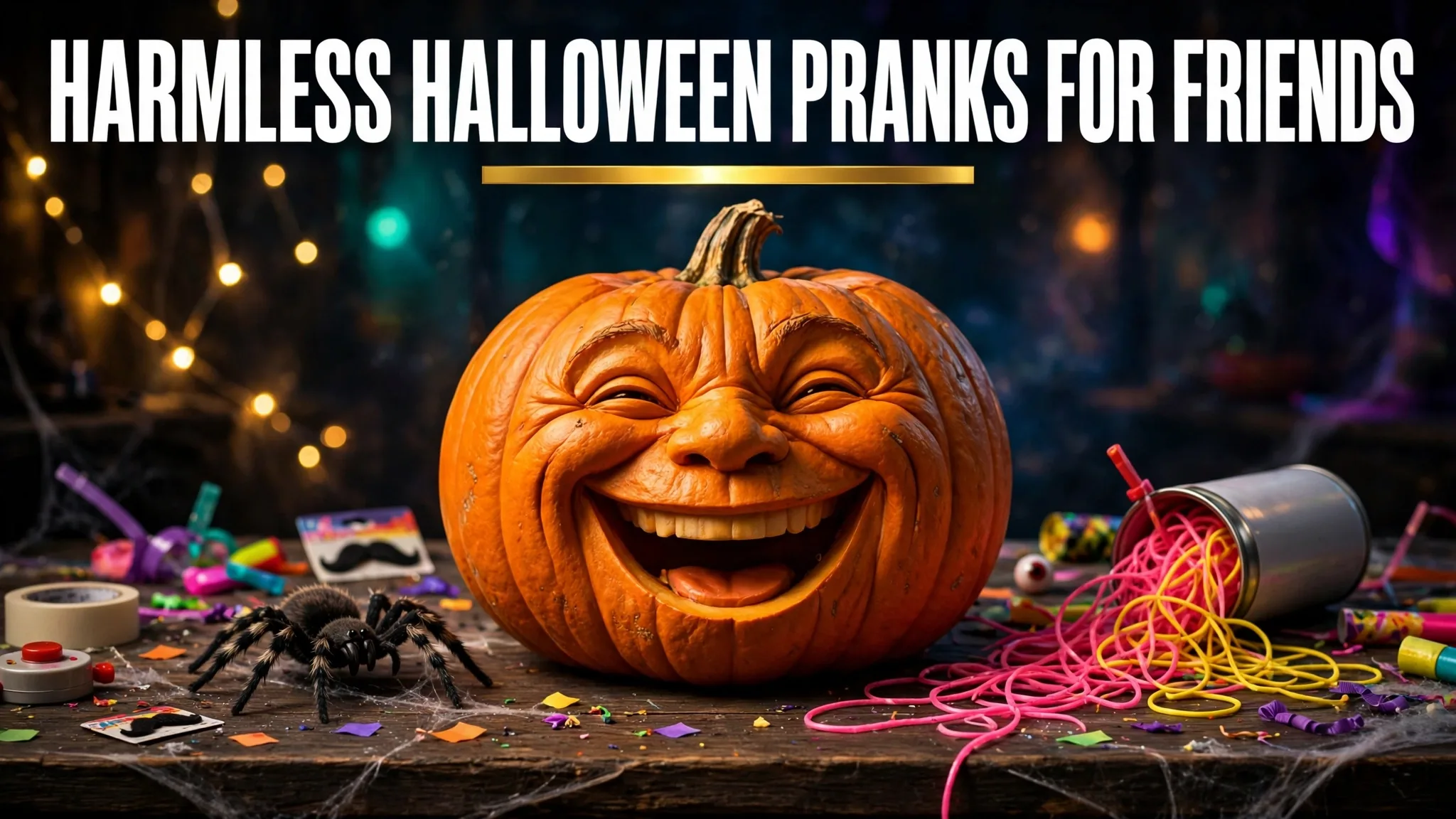 Harmless Halloween prank props on a table