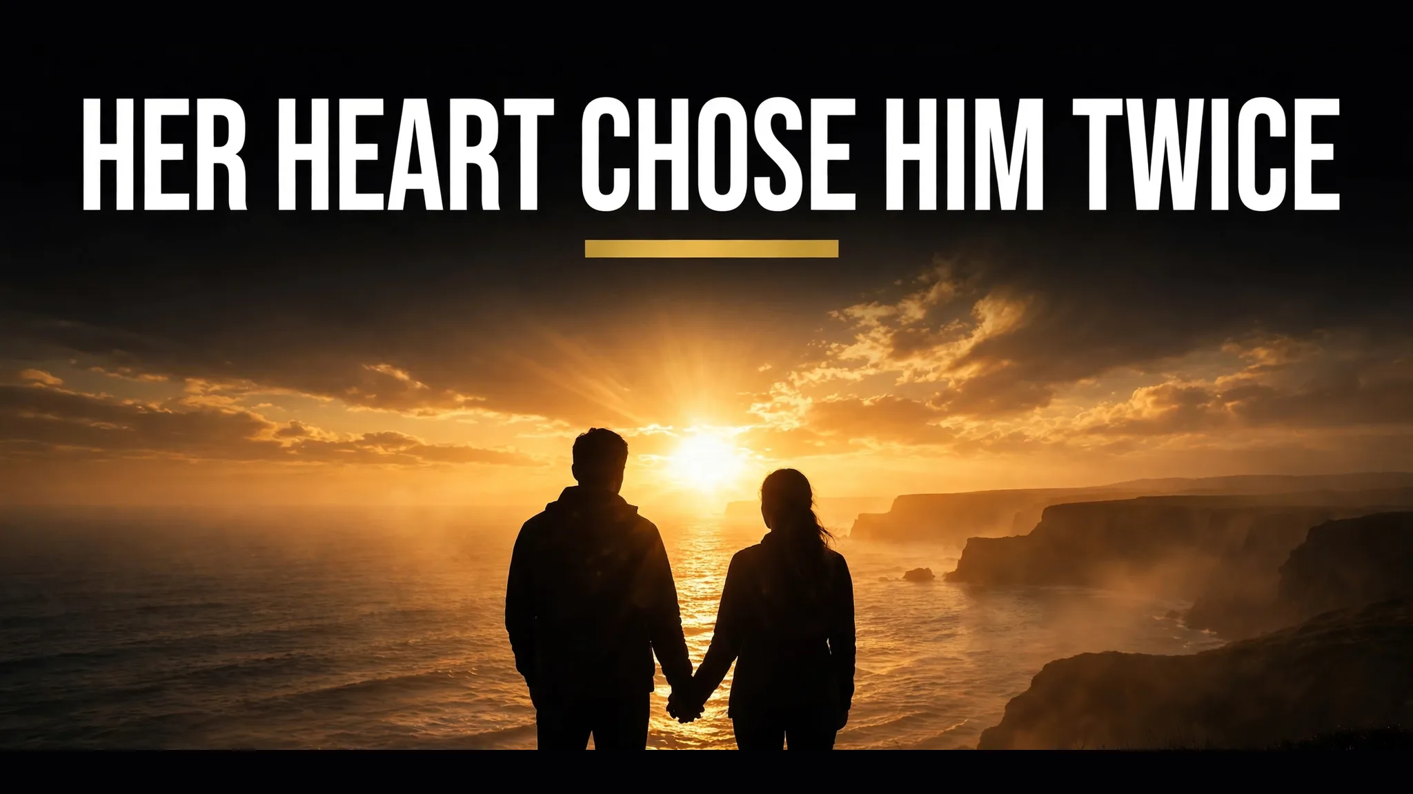 A couple as silhouettes holding hands at sunset by the sea