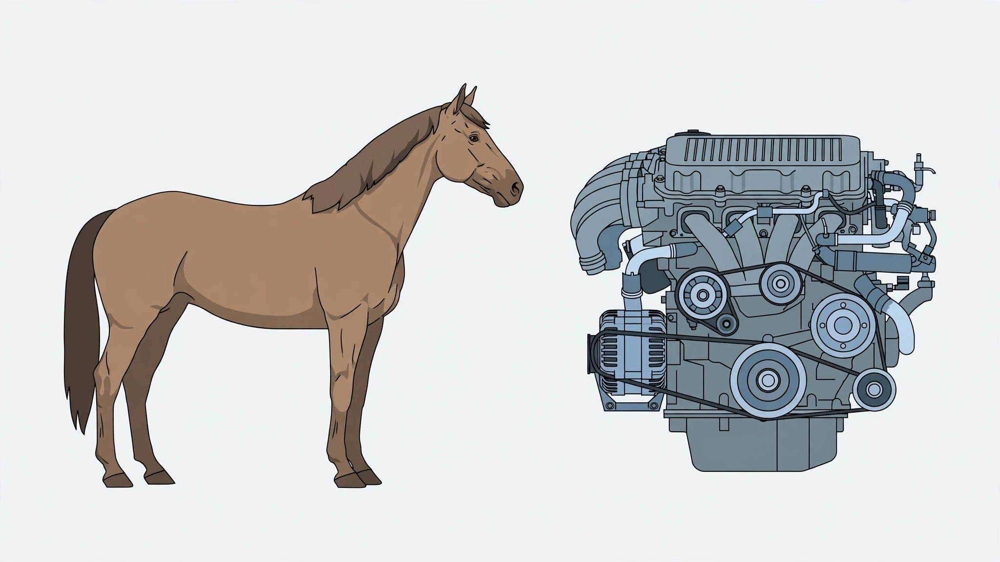 A strong horse pulling beside a car engine, illustrating the idea of horsepower