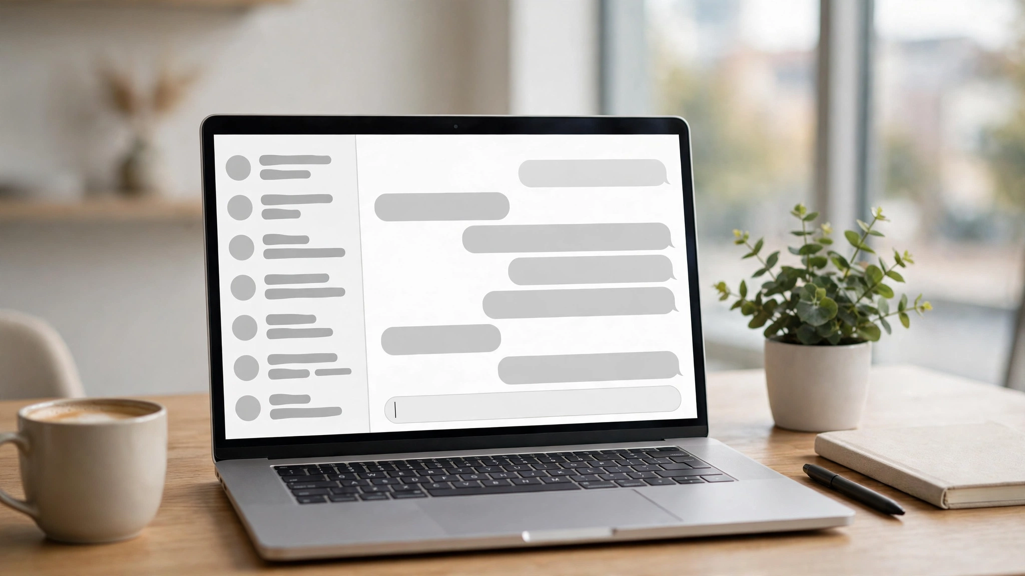 A chat window on a laptop screen showing a question being typed, with words appearing one by one in the answer below it.