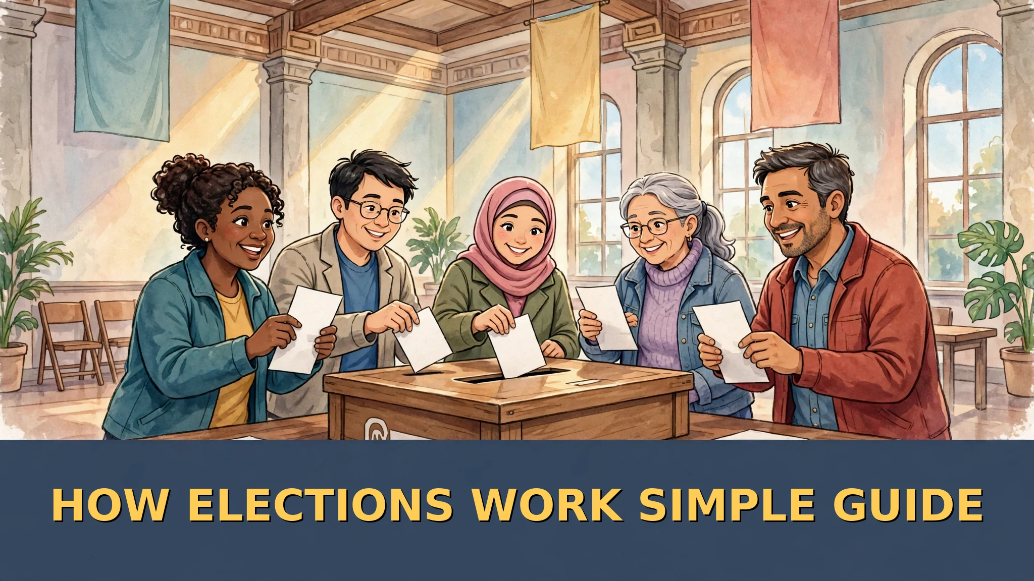 Illustration of happy voters putting paper ballots into a wooden ballot box in a bright hall