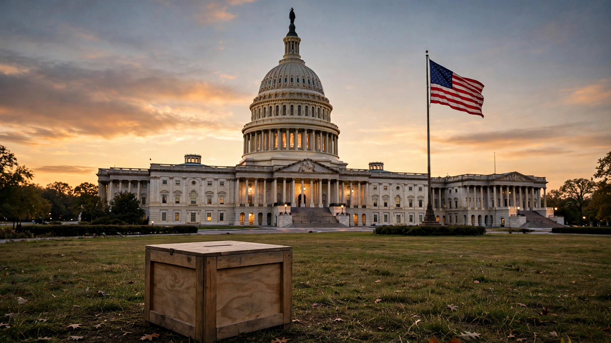 The United States Capitol building at dusk with an American flag and a ballot box in the foreground