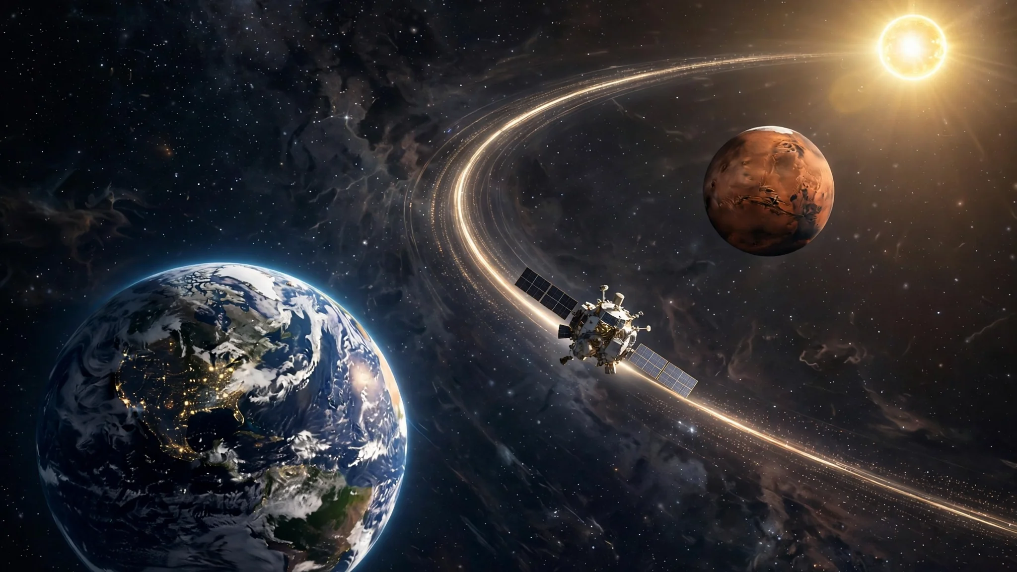 An illustration of a spacecraft on a long curved path from Earth to Mars, with the Sun in the distance and both planets in orbit.