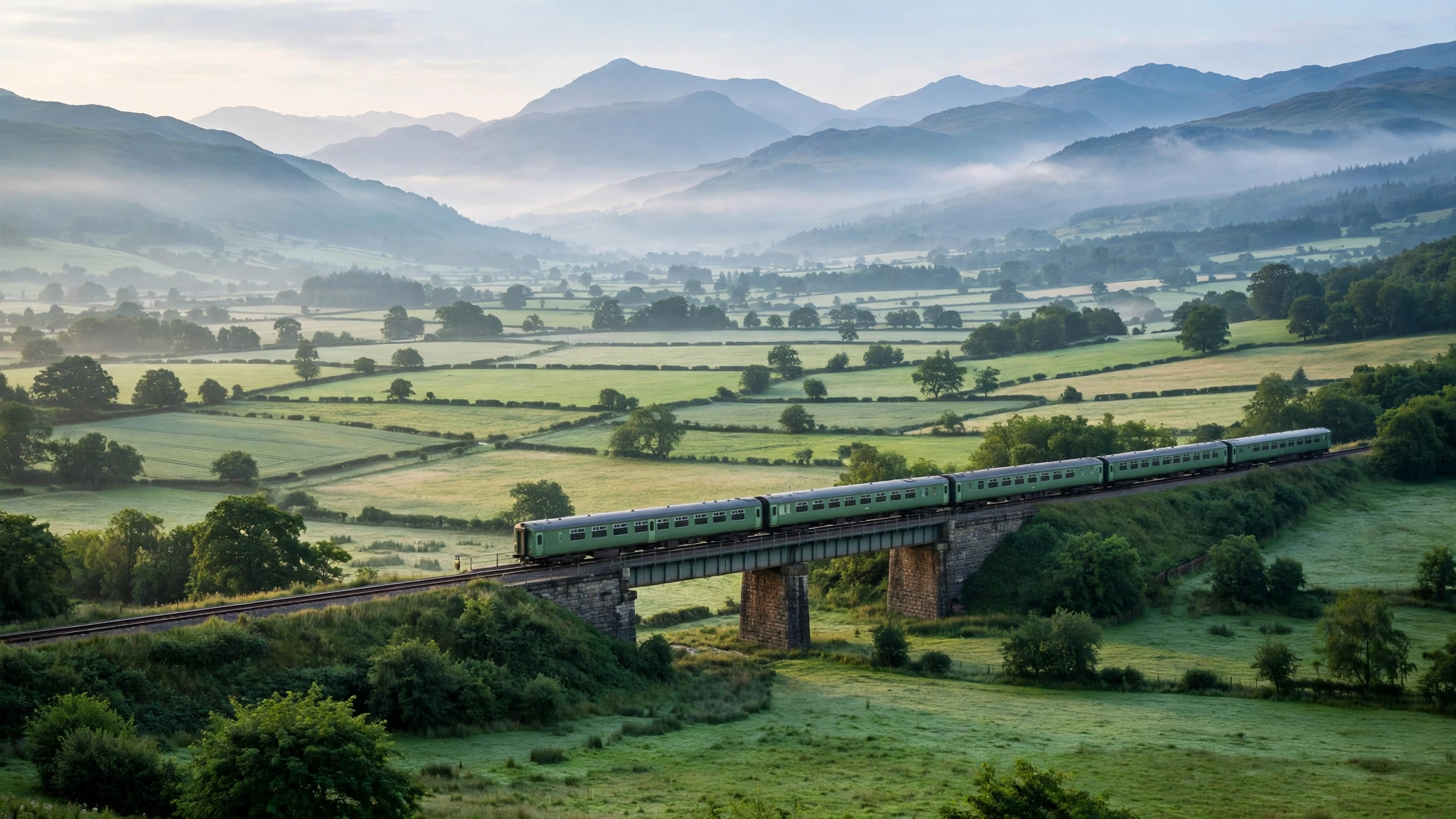 A green Pakistan Railways passenger train crossing a bridge in the countryside, with mountains in the distance.