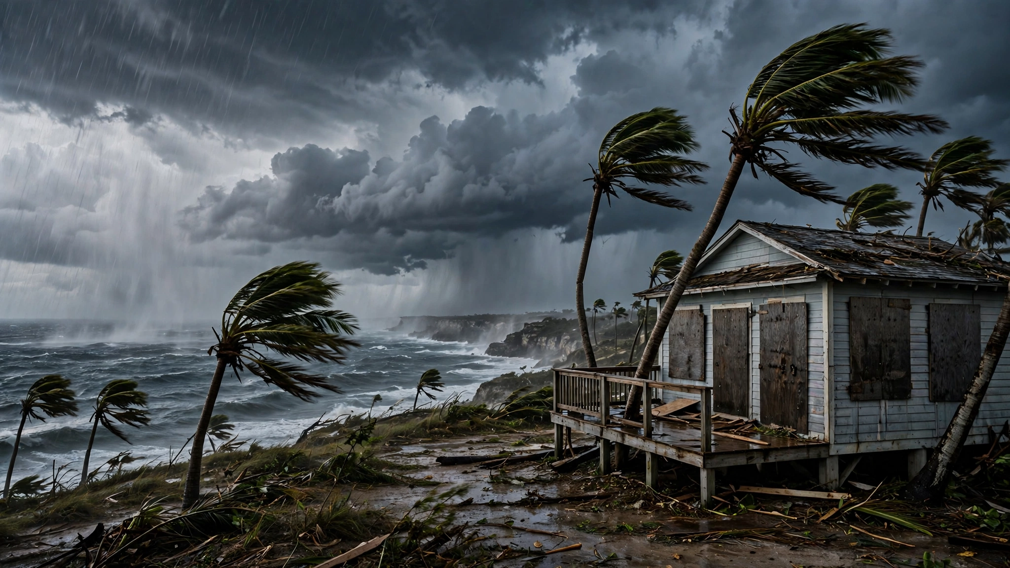 A coastal house with boarded windows under dark storm clouds, with palm trees bending in strong wind