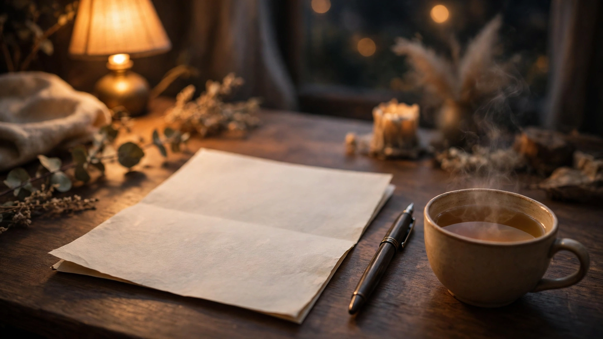 A handwritten letter on paper beside a pen and a cup of tea in warm lamplight