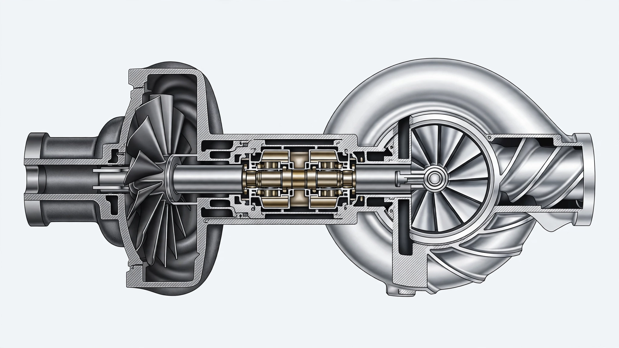 A cutaway diagram of a turbocharger showing the turbine and compressor wheels