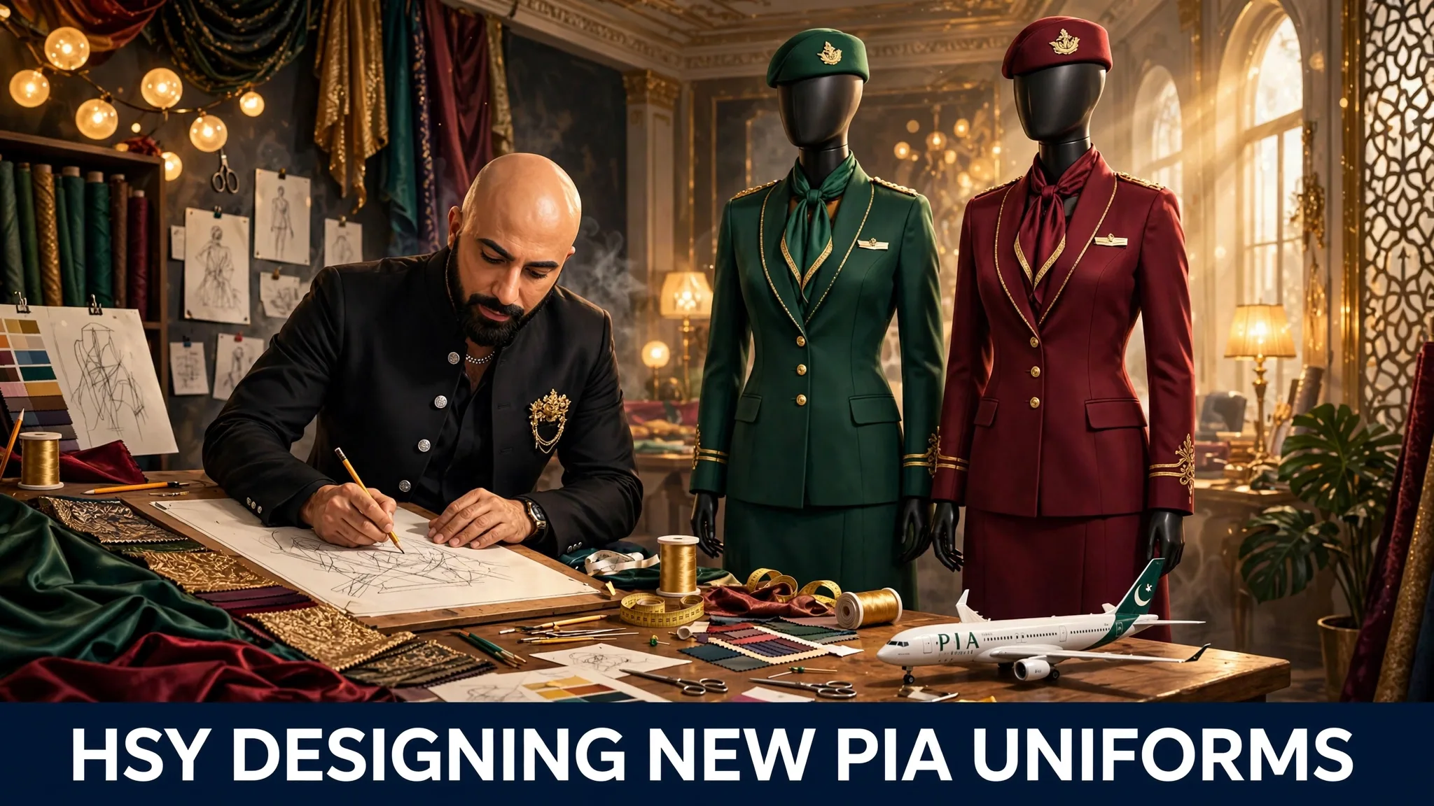 An illustration of a fashion designer sketching in an elegant studio beside mannequins wearing deep green and maroon airline crew uniforms.