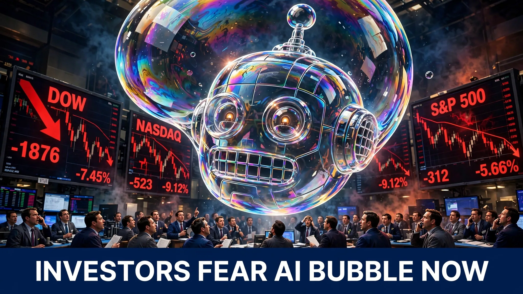 An illustration of a giant soap bubble shaped like a robot head floating over a worried stock exchange floor with red falling charts.