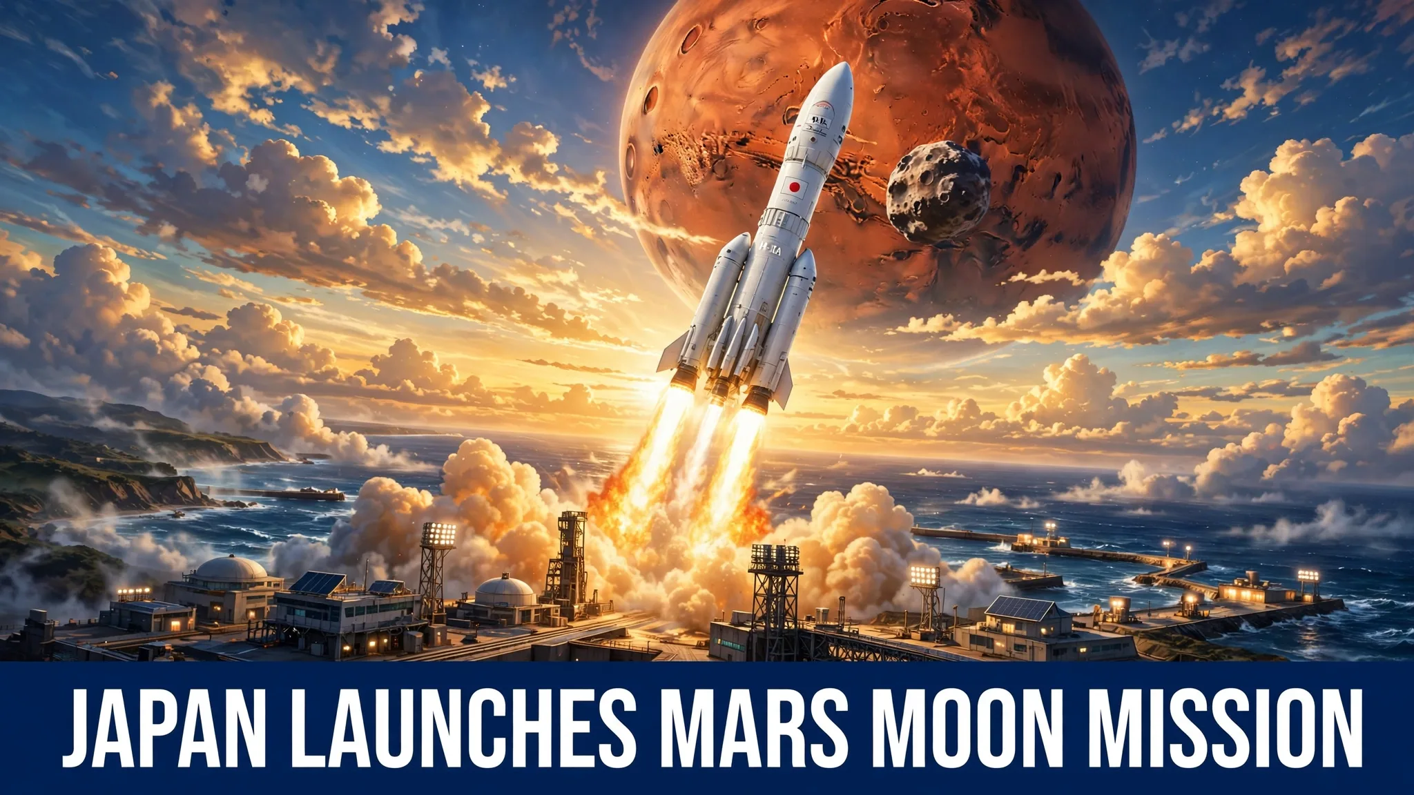 An illustration of a white rocket launching from a seaside spaceport toward red Mars and its small moon Phobos in the sky.